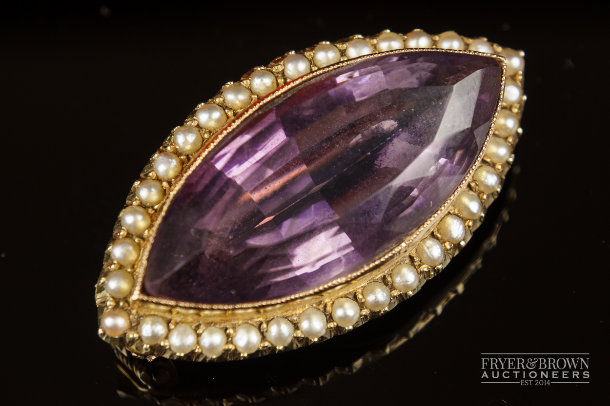 A 15ct gold antique amethyst and split pearl brooch, c1880, the marquise shaped mixed cut amethyst - Image 2 of 3