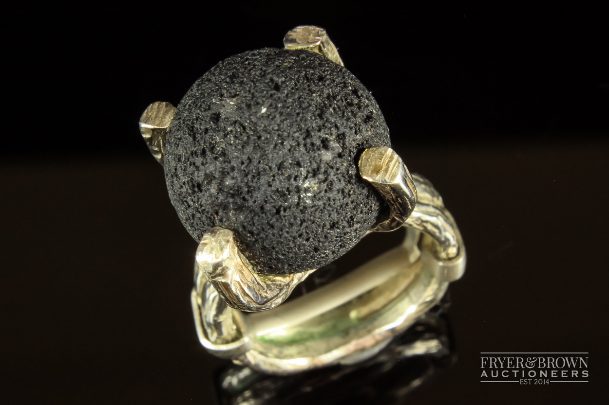 An Icelandic designed and made silver and volcanic rock necklace, bangle and ring, the textured - Image 5 of 6