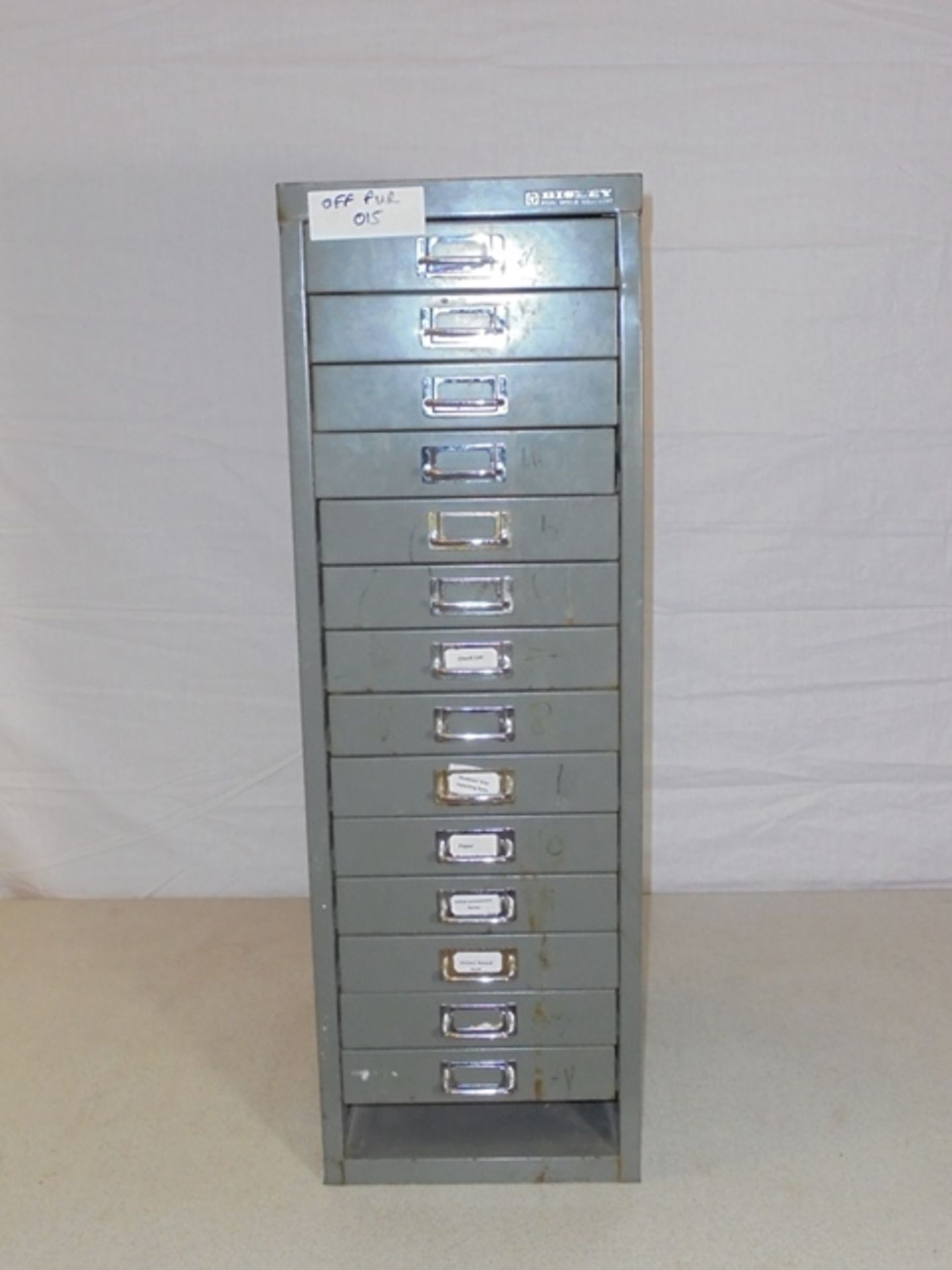 Bisley 15 Drawer Cabinet, (1 Drawer Missing). Size-H86cm x W28cm x D41cm
Colour Grey