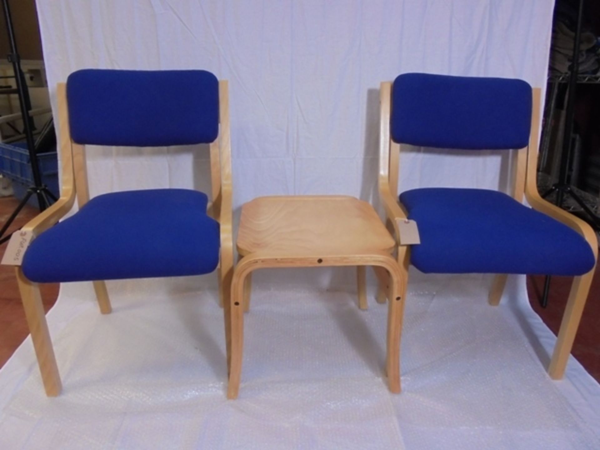 2 x Blue Hop Sack Bentwood Meeting Chairs and Bent Wood Coffee Table In Beech.