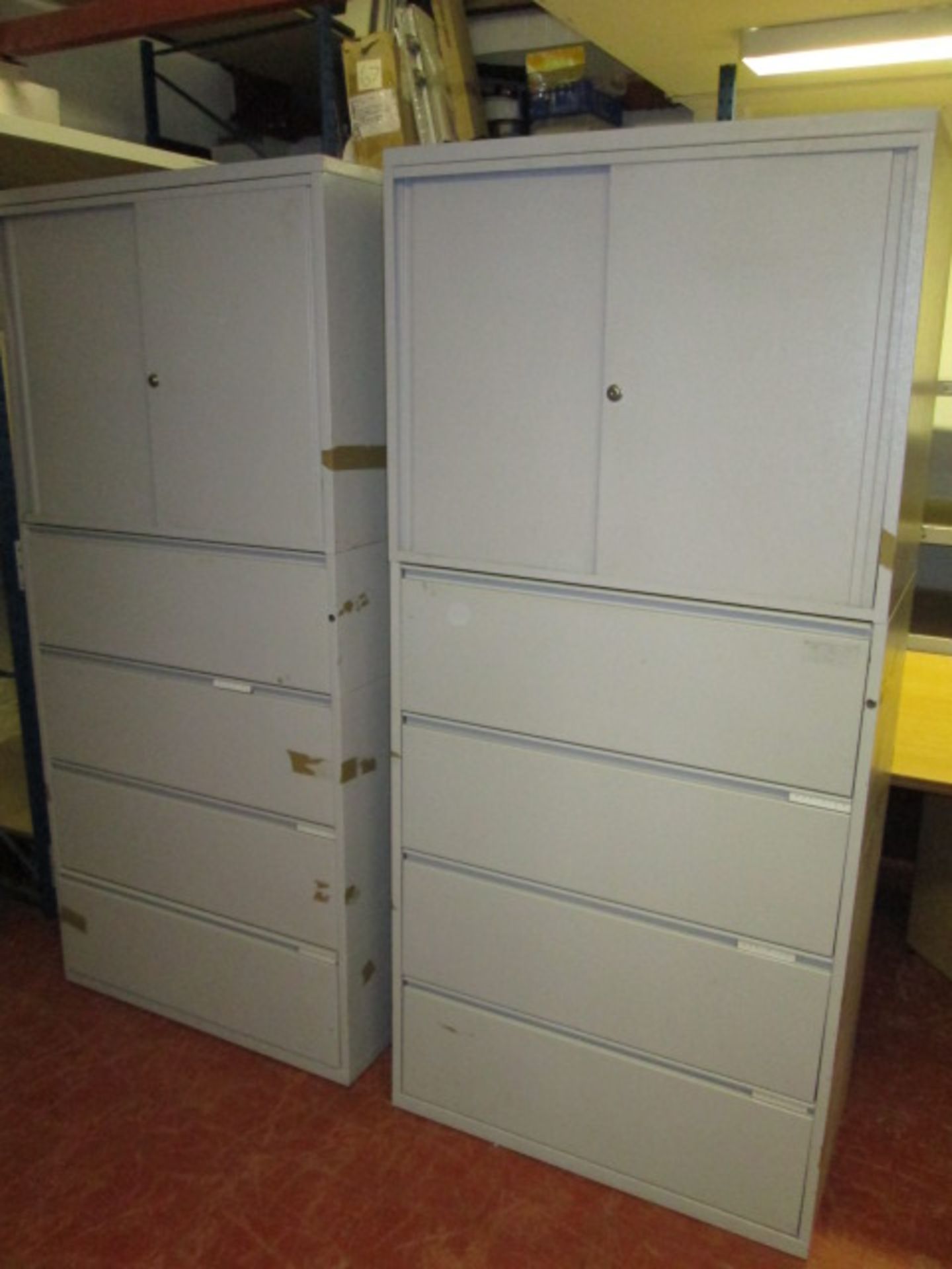 Pair of Grey Metal, 4 Draw Under 2 Sliding Door Lockable Cabinet