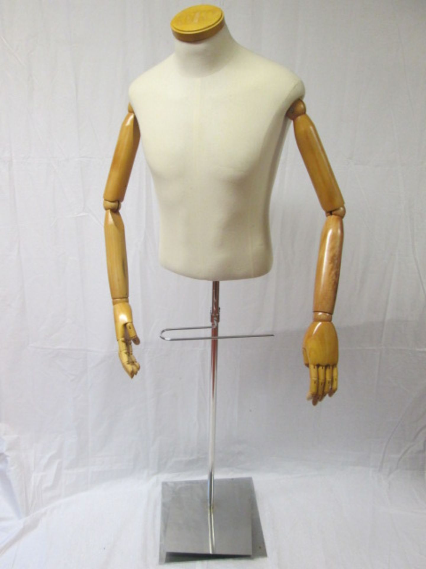 Male Mannequin with Articulated Wooden Arms on Chrome Base with Adjustable Shoe Platform & Trouser