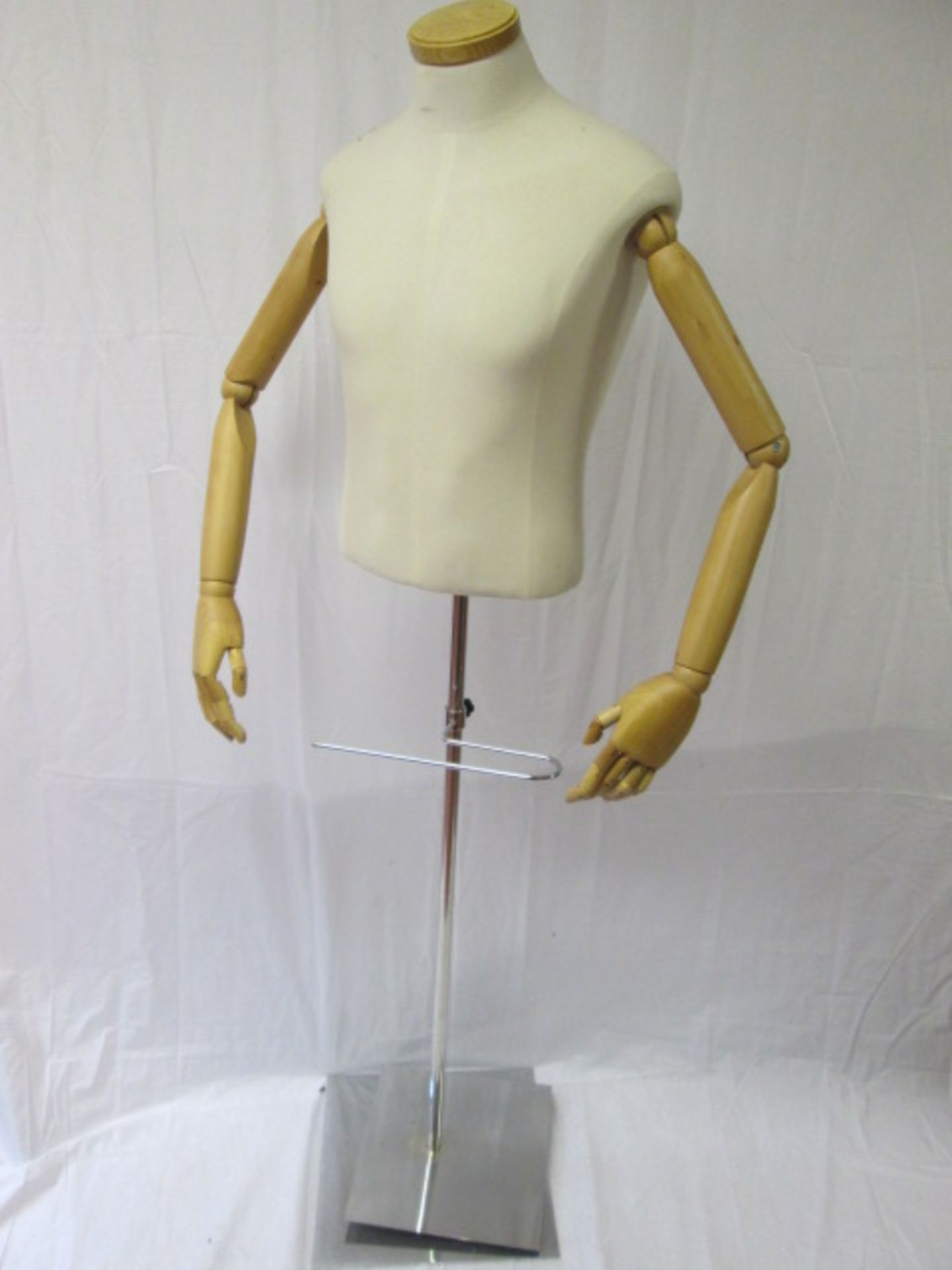 Male Mannequin with Articulated Wooden Arms on Chrome Base with Adjustable Shoe Platform & Trouser