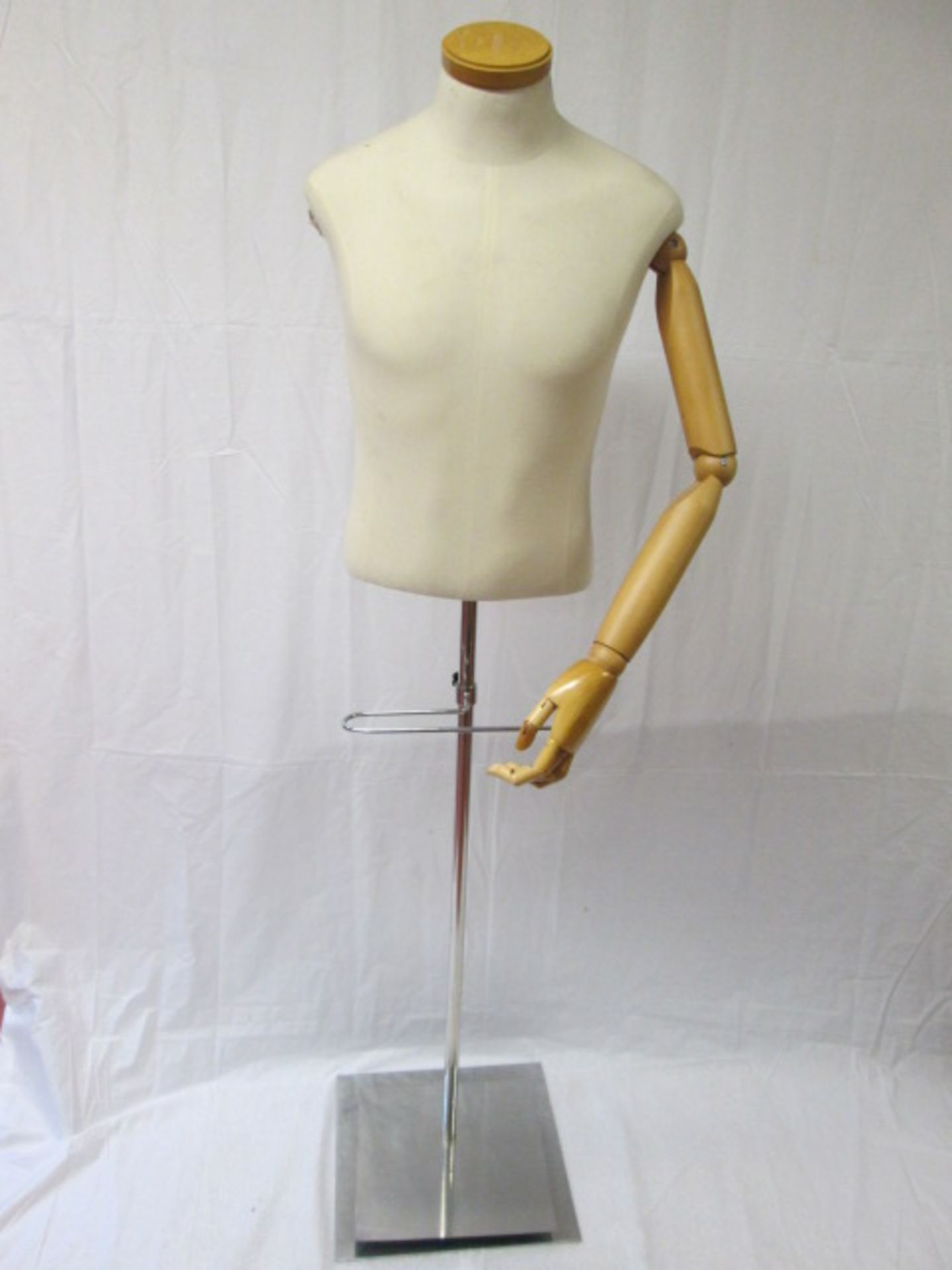 Male Mannequin with Articulated Wooden Arms on Chrome Base with Adjustable Shoe Platform & Trouser