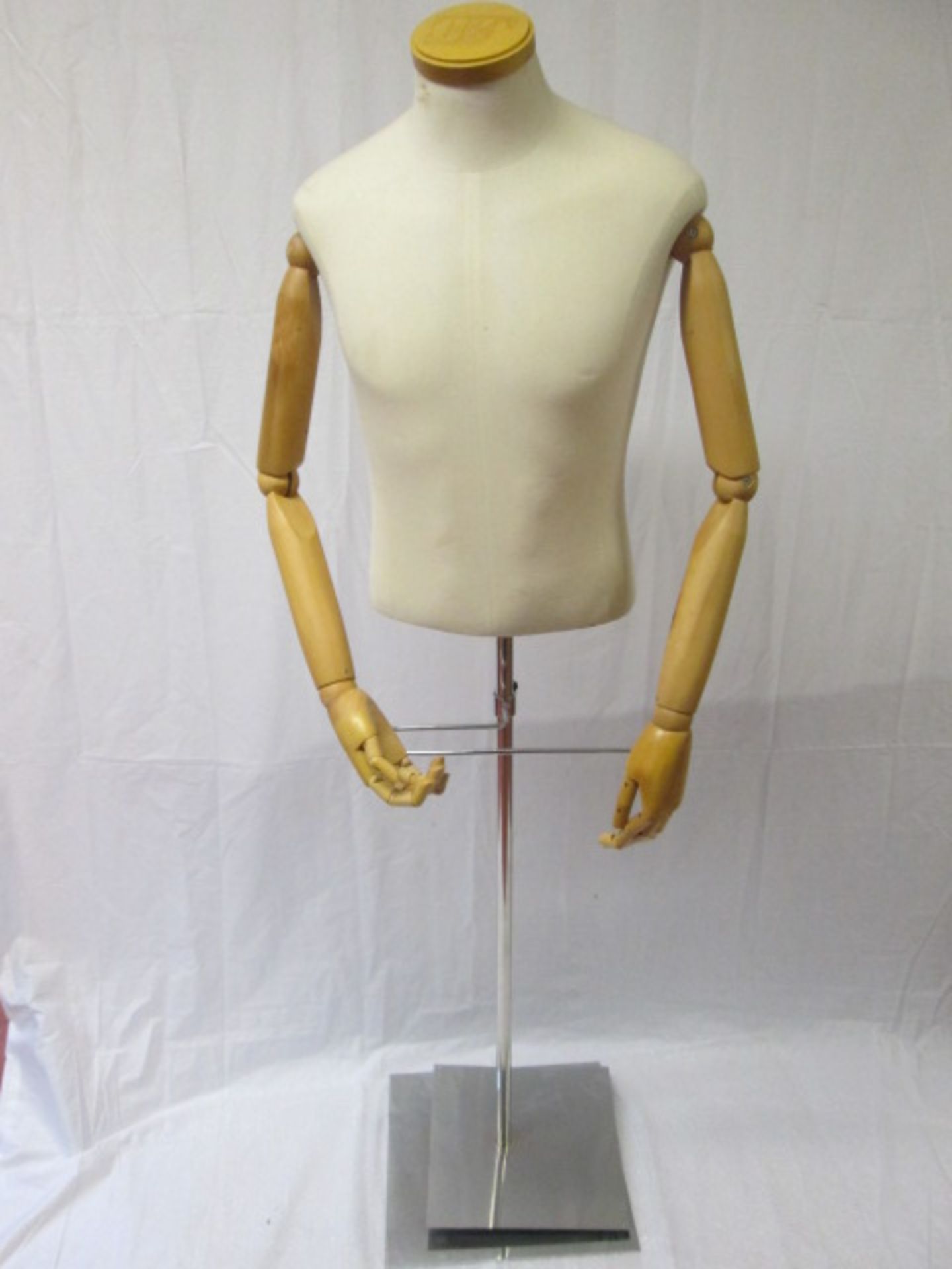 Male Mannequin with Articulated Wooden Arms on Chrome Base with Adjustable Shoe Platform & Trouser