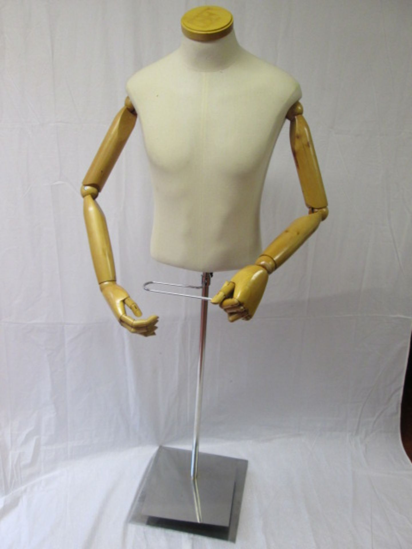 Male Mannequin with Articulated Wooden Arms on Chrome Base with Adjustable Shoe Platform & Trouser