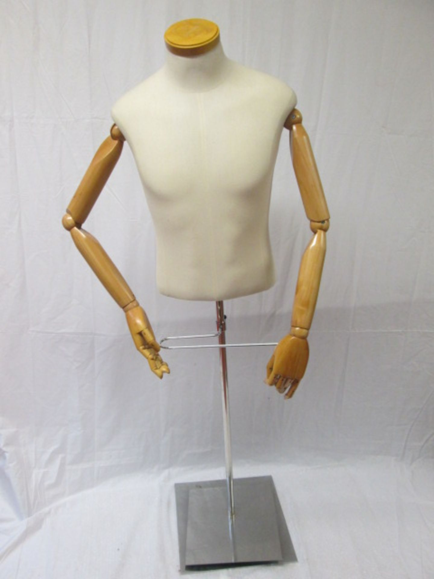 Male Mannequin with Articulated Wooden Arms on Chrome Base with Adjustable Shoe Platform & Trouser