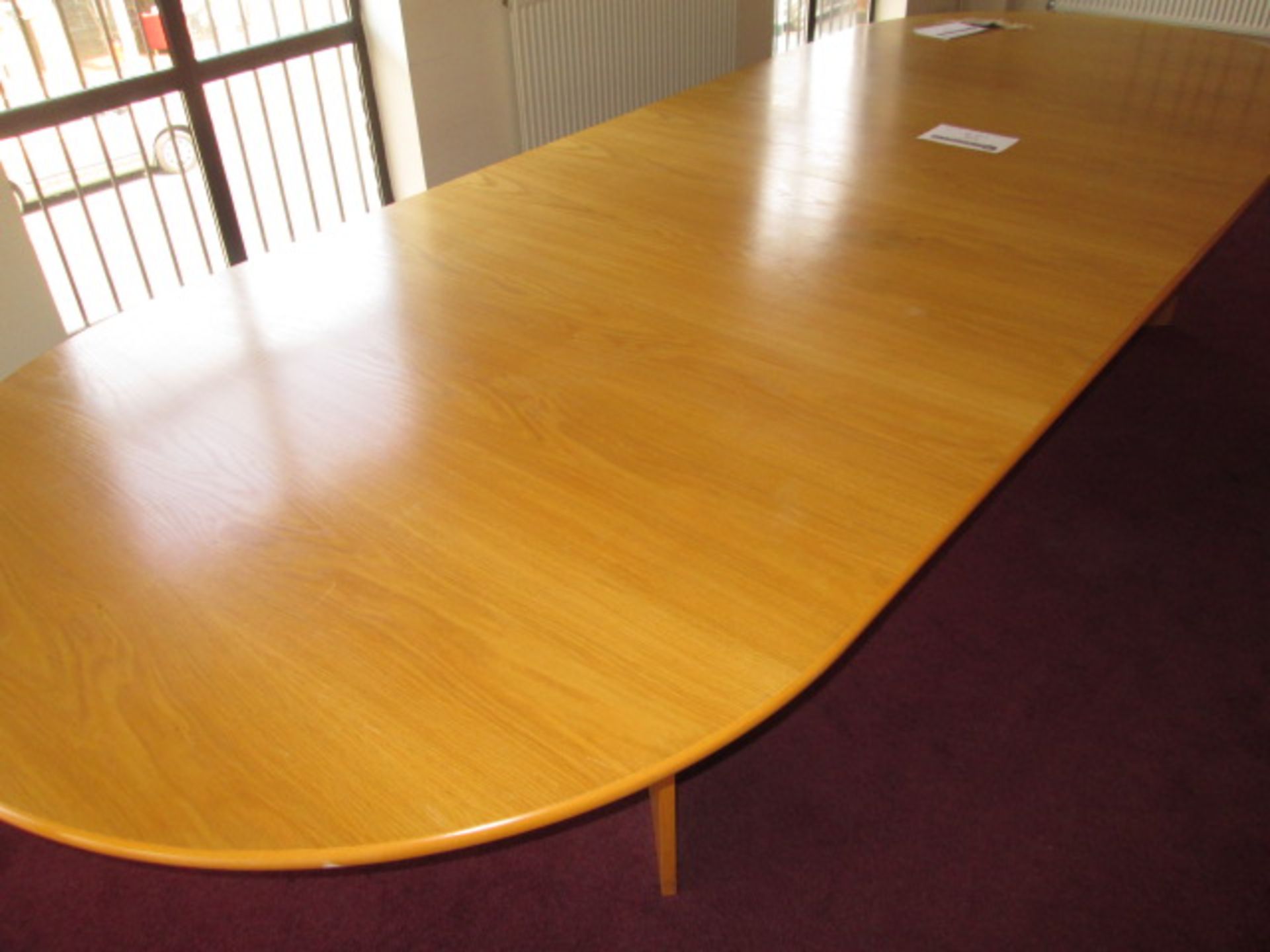 Round End, Light Oak, Boardroom Table in Two Sections on Wood V Shape Pedestal Base. 4m x 1.5m x 0.