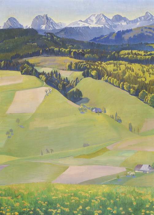 TRAUGOTT SENN 
Maisprach 1877-1955 InsSommertag im Emmental mit Blick auf die Gantrischkette
Unten