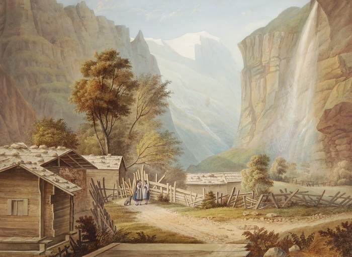 ADOLPHE JEAN BAPTISTE BAYOT 
Alexandria 1810-1866Lauterbrunnental von Wengen mit Staubbachfall
Um