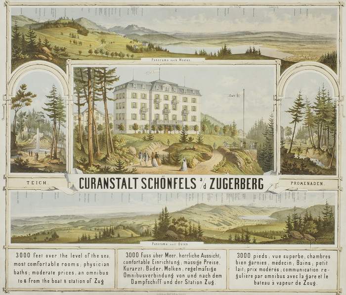 ZUGERBERG Curanstalt Schönfels a/d Zugerberg
Um 1869. Grosses Gruppenblatt mit der Kuranstalt in der