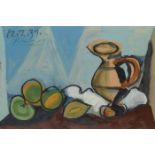 PABLO PICASSO 
Malaga 1881-1973 MouginsNature morte au pichet et aux fruits
Oben links signiert "