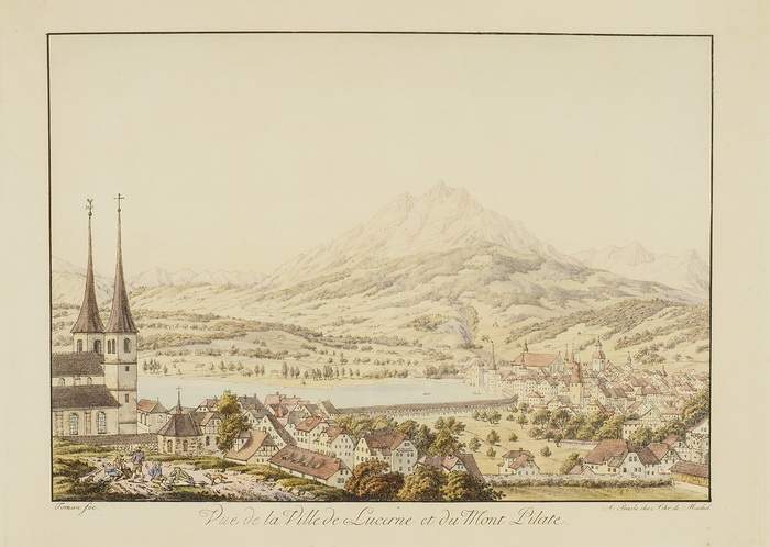 HEINRICH THOMANN 
Zollikon 1748-1794 ZollikonVue de la Ville de Lucerne et du Mont Pilate
Um 1780.