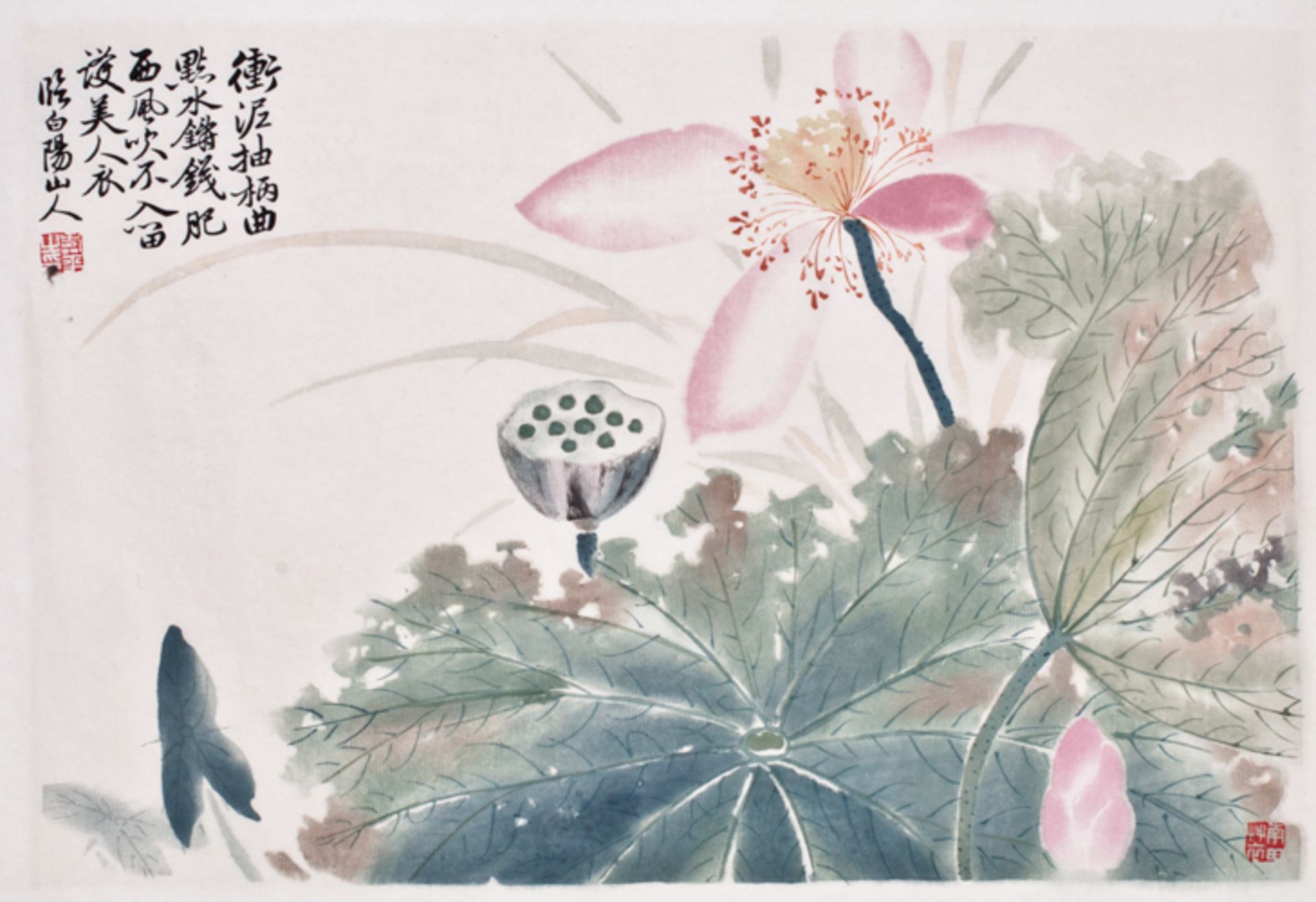 FLOWERING LOTUS  Woodblock print. China, 20th century  Atmospheric sheet, depicting flowering