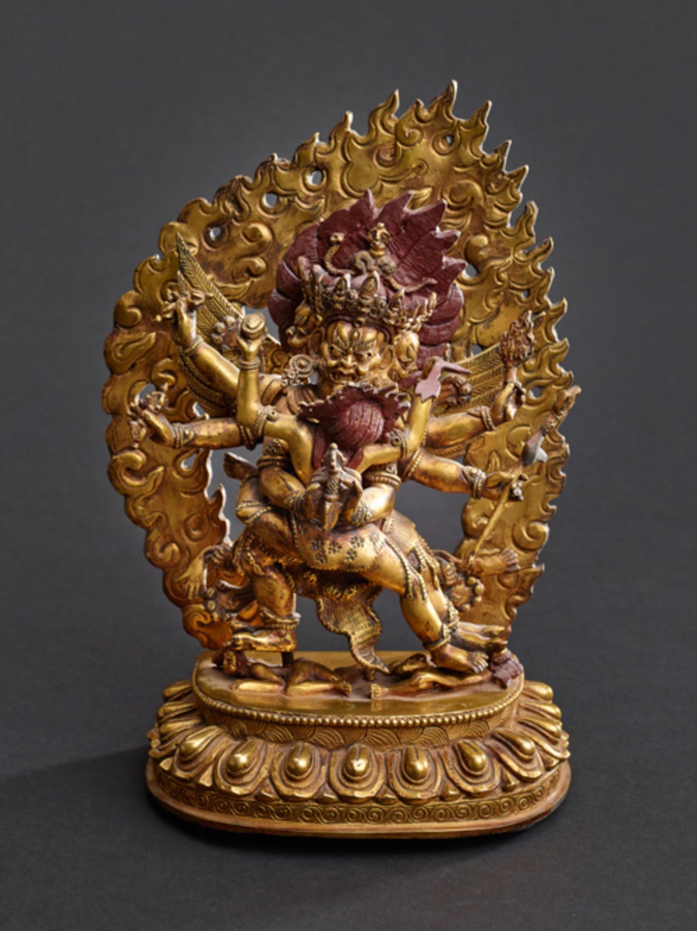 DHARMAPALA HAYAGRIVA  Fire gilt bronze. Nepal, 20th century  An effective and elaborate depiction