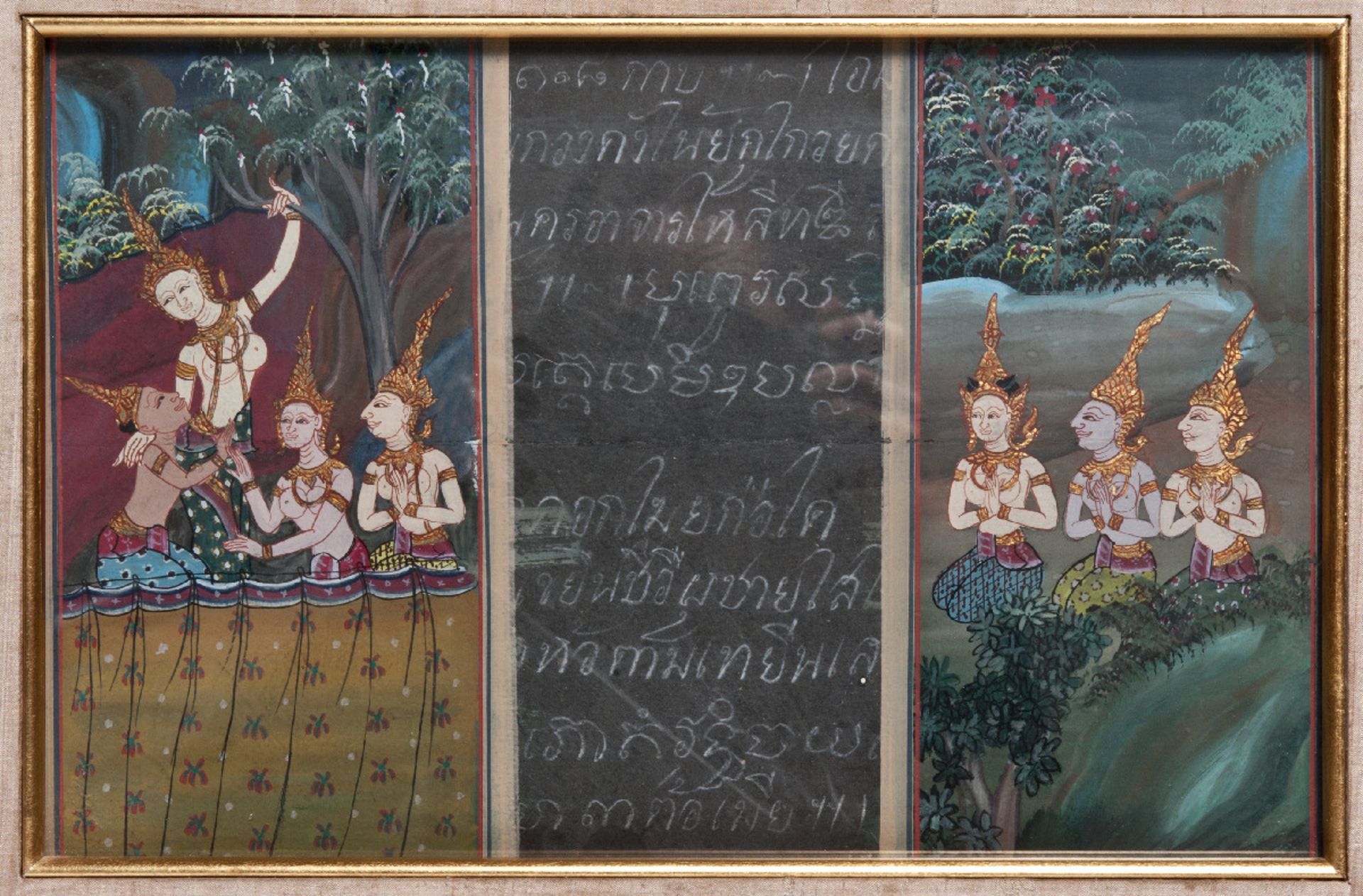 A FRAMED PAINTING DEPICTING SIX GIRLS AND A PRINCE  Thai framing with gilding  Thailand, Ratanakosin