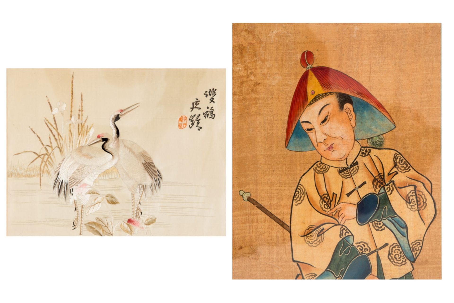 TWO FRAMED DEPICTIONS  Silk. China, 20th cent. / late Qing  A) PAIR OF CRANES Silk embroidery.