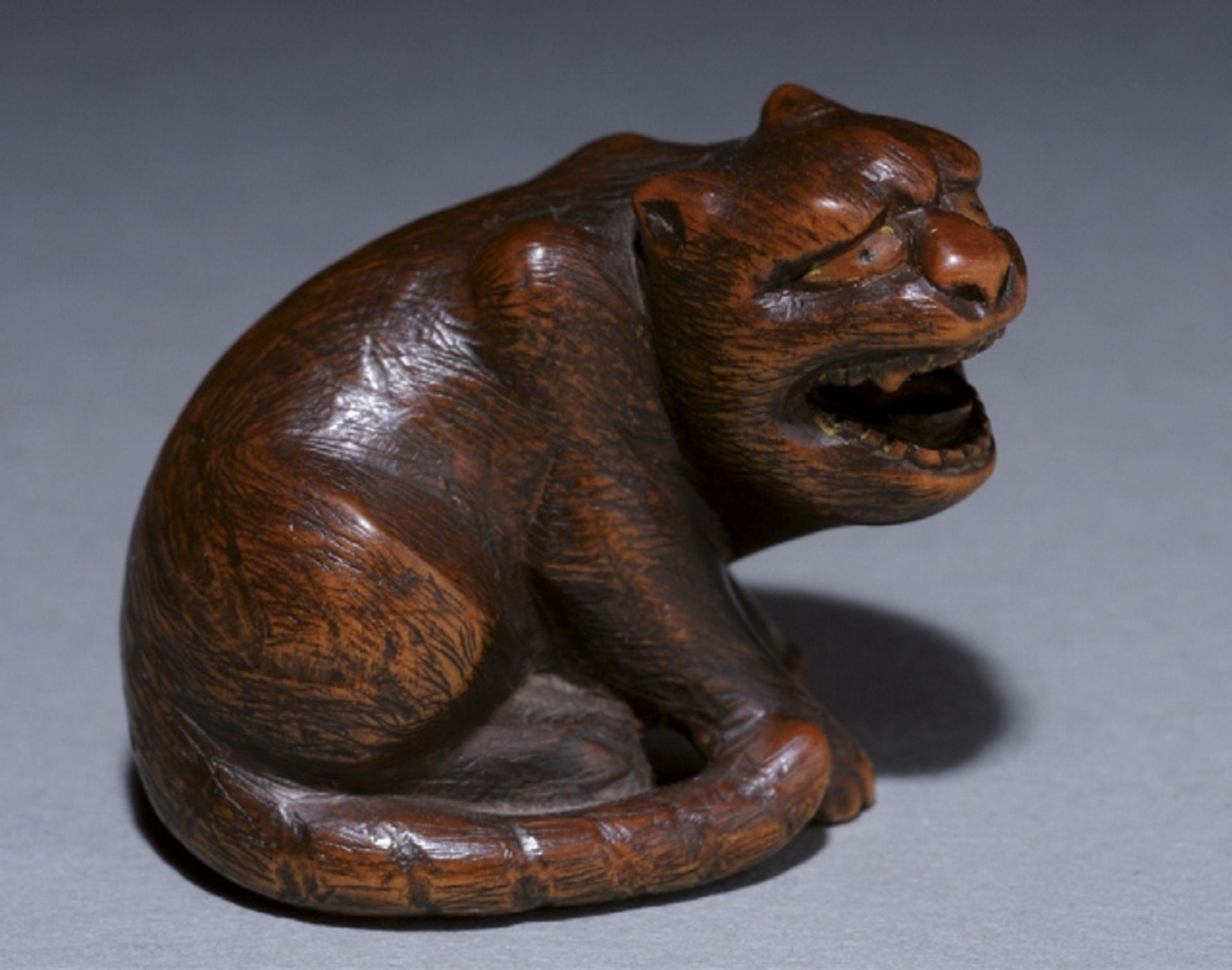 SHIGENAO: TIGER  Netsuke, Wood. Japan, 19th cent.  The head of the tiger is large with an almost