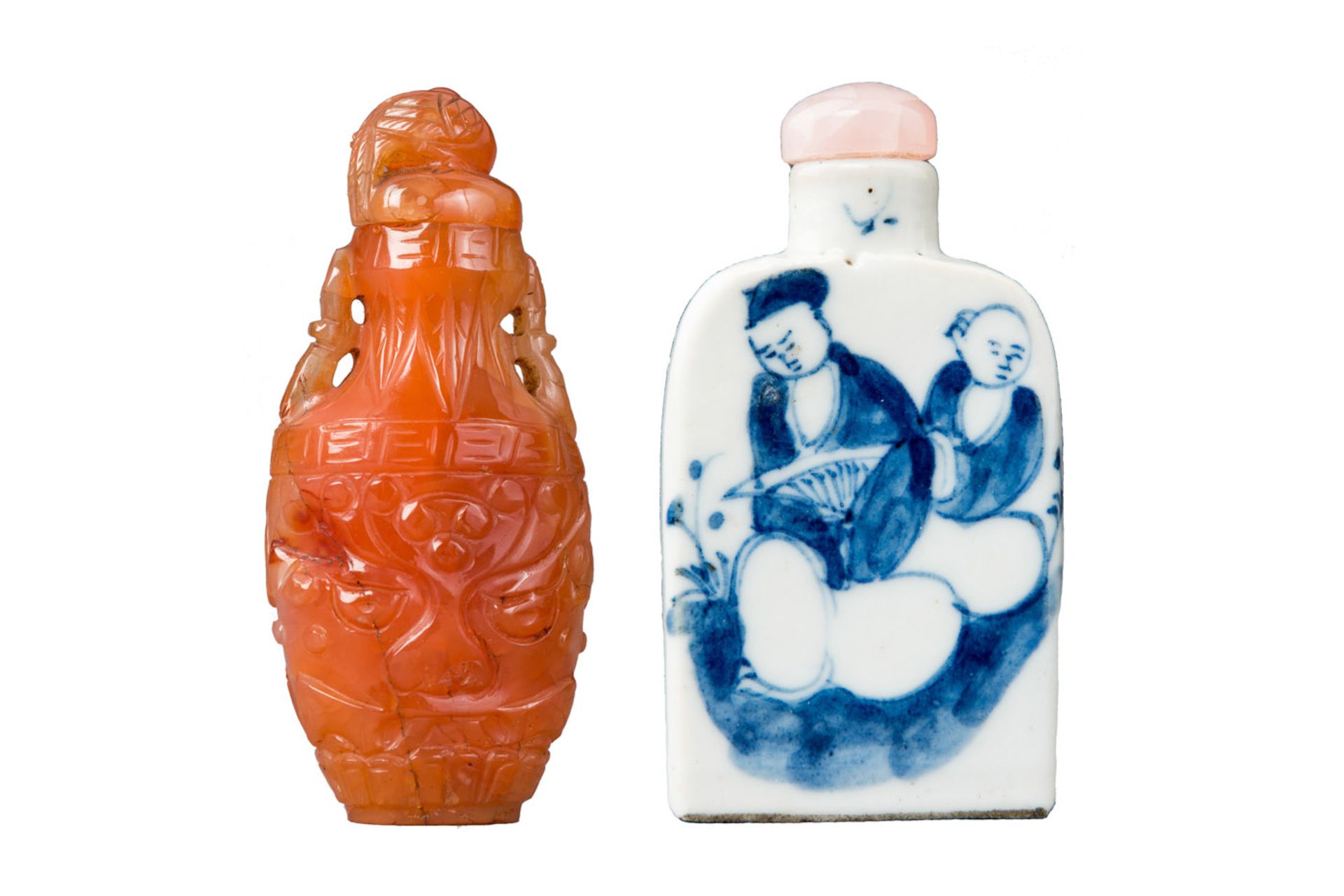 A GROUP OF TWO SNUFFBOTTLES  China, 19th – ca. early 20th century  A) SNUFFBOTTLE WITH SCHOLAR AND