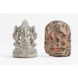TWO STATUETTES OF GANESHA  Stone. India, 19th and 20th cent.  One stele bears a red colour and shows