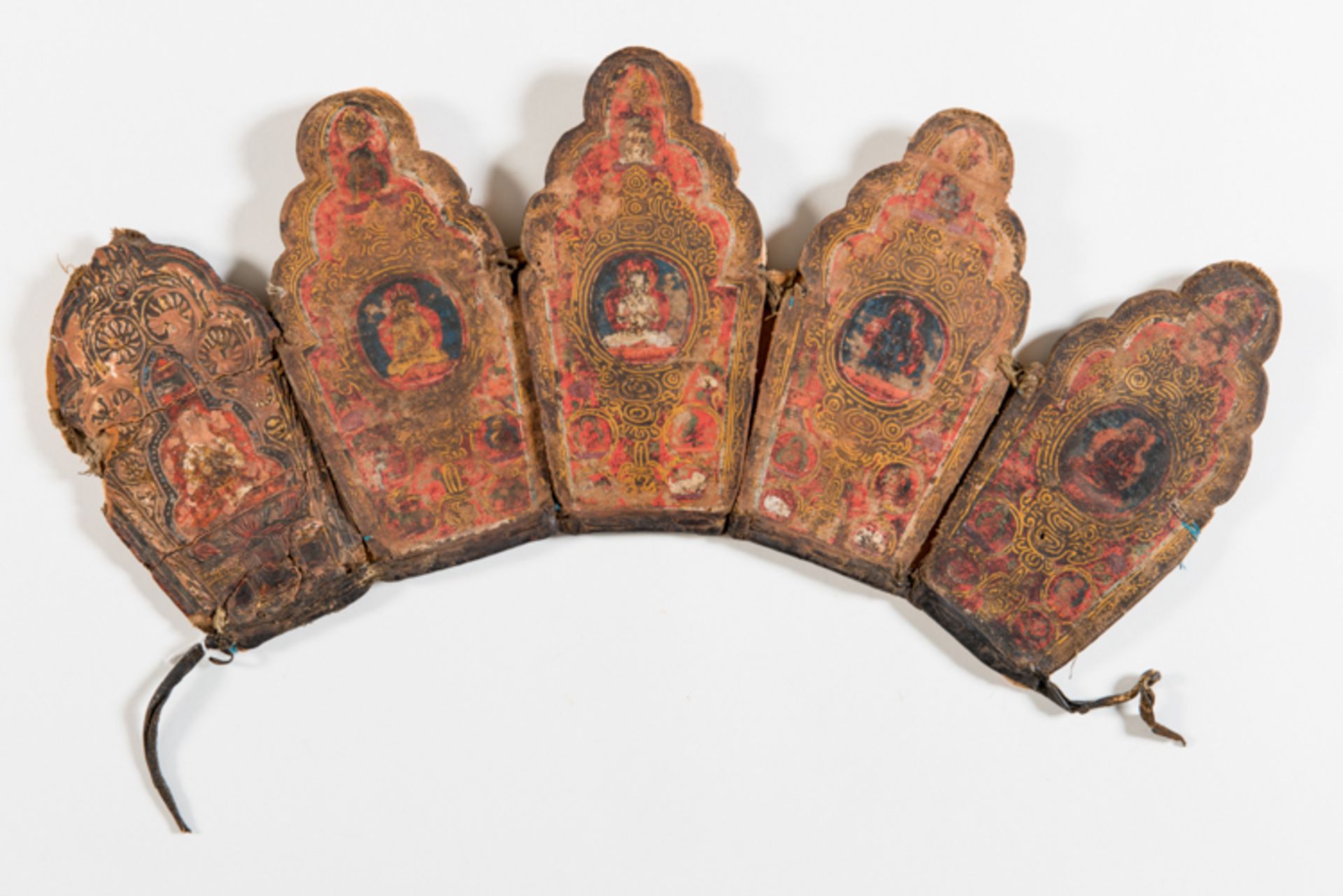 RITUAL CROWN OF A LAMA  Color on textile on papier mâché, leather. Tibet, 15th cent.  Crown in