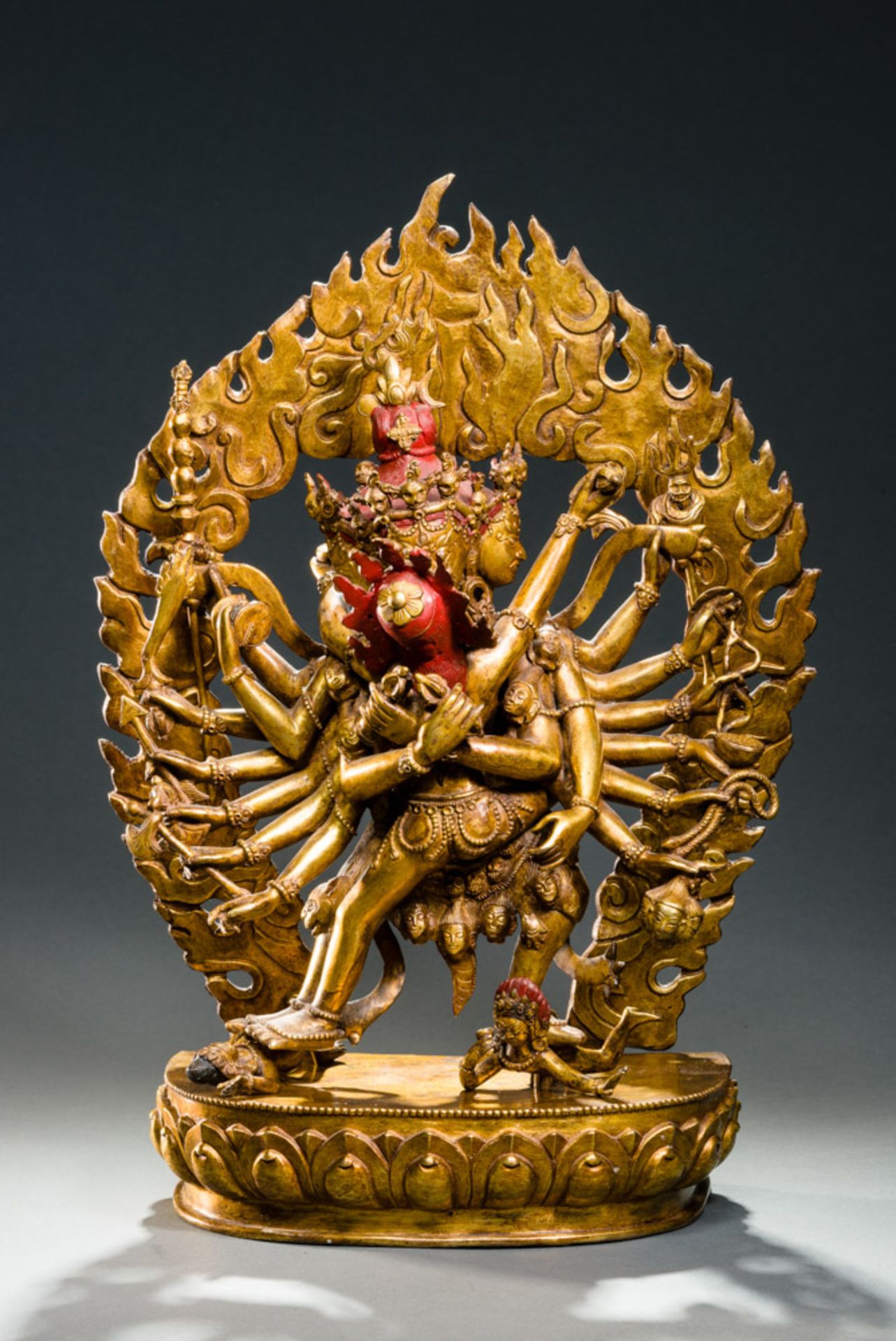 16 ARMED CAKRASAMVARA  Fire gilt bronze. Nepal, 20th cent.  Bronze figure of a four-headed Sadhita