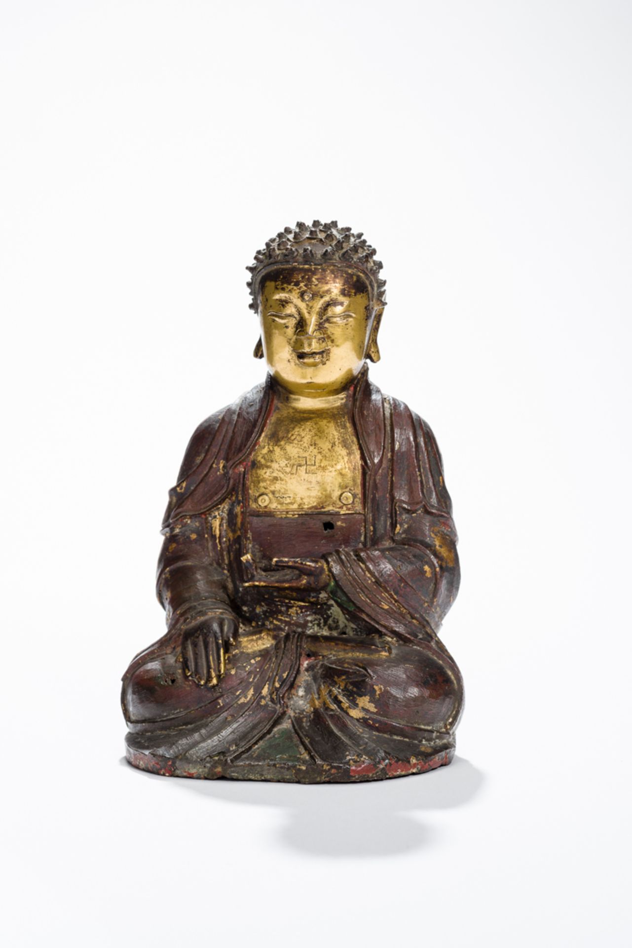 SITZENDER BUDDHA SHAKYAMUNIBronze mit Vergoldung. China, Ming-Dynastie (1368 – 1644)Nette kleine - Image 2 of 7