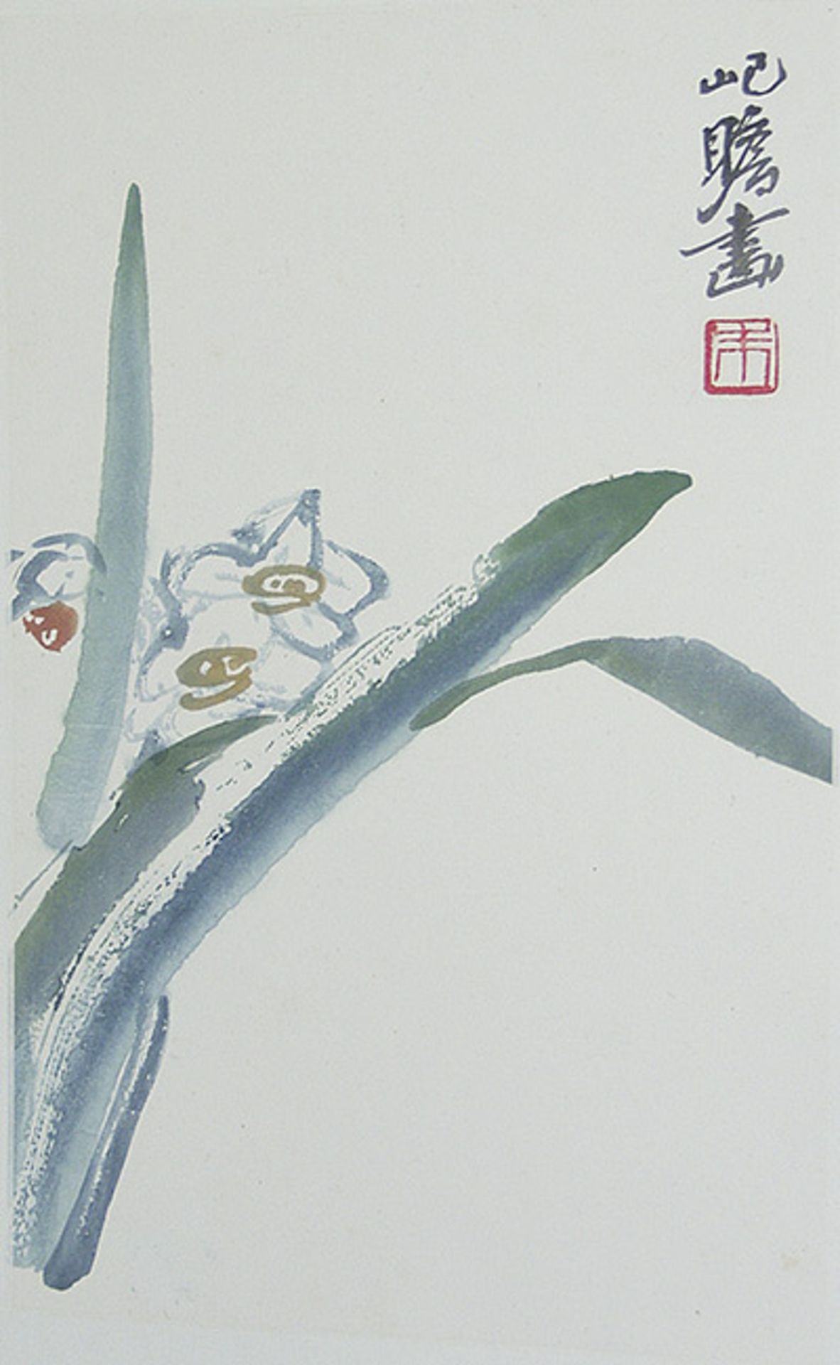 ZHU JIZHANG (20. JH.)
Aquarellfarben-Holzschnitt. China, 20th cent.Darstellung einer Narzisse mit