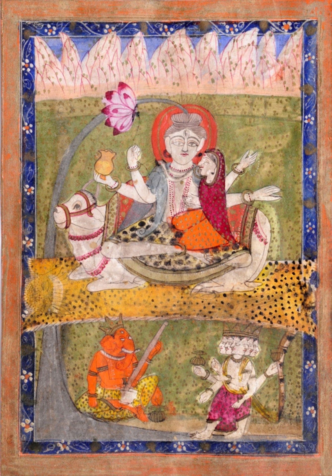 GOTTHEIT SHIVA AUF WEISSEM STIER
Farbige Malerei mit etwas Gold. Nord-Indien, Kashmir, 19. Jh.