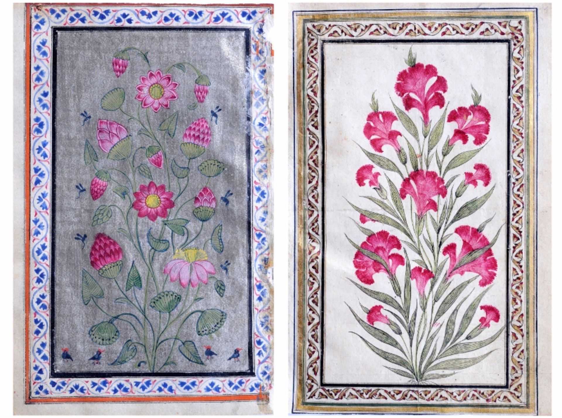 BLÜTEN, VÖGEL UND INSEKTEN
Zwei farbige Malereien aus dem Bhagavadgita. Nord-Indien, Kashmir,