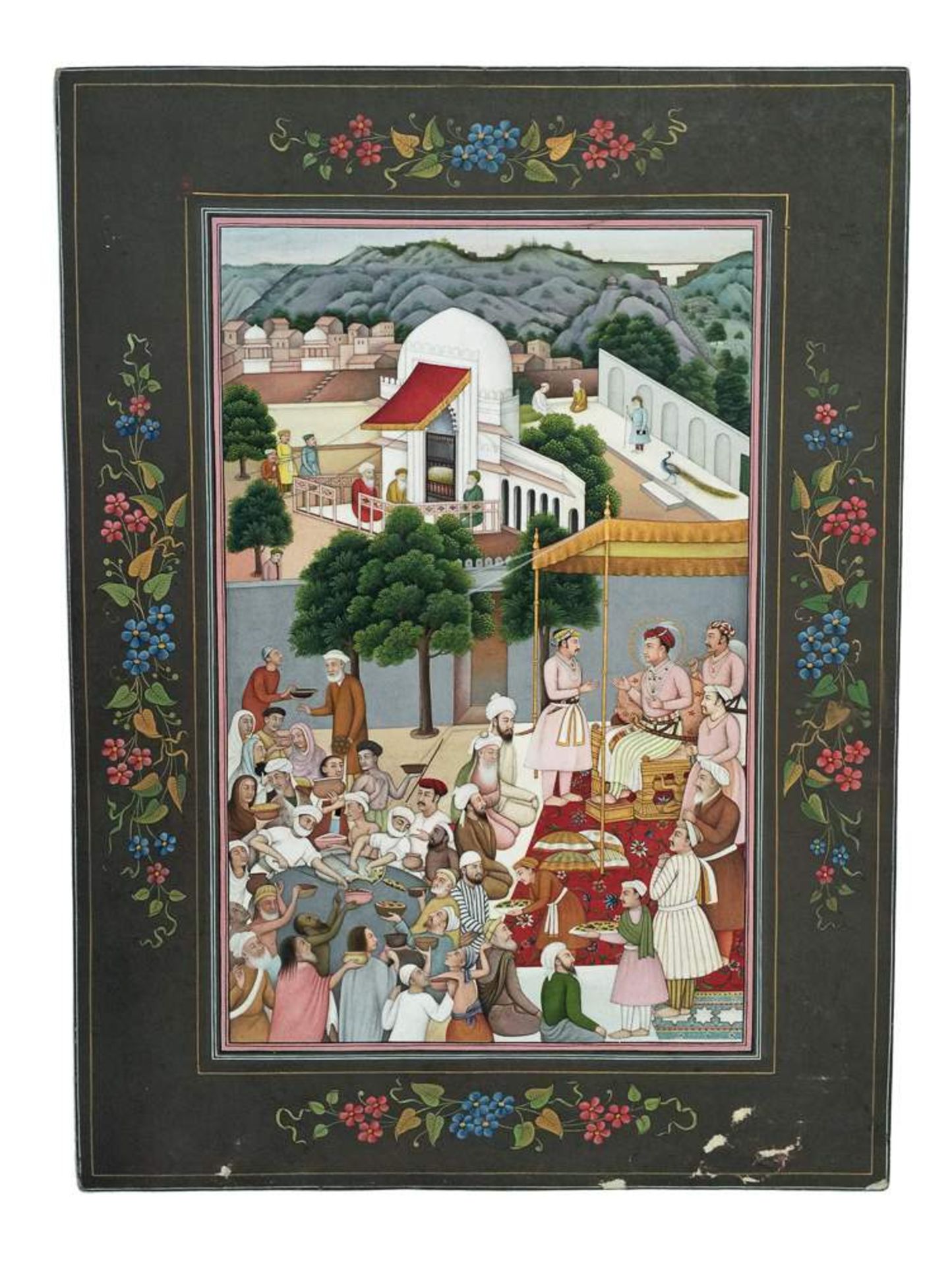 PALAST, MAHARAJA UND AUDIENZ
Miniaturmalerei mit Farben und Gold auf Papier. Indien, 20. Jh.