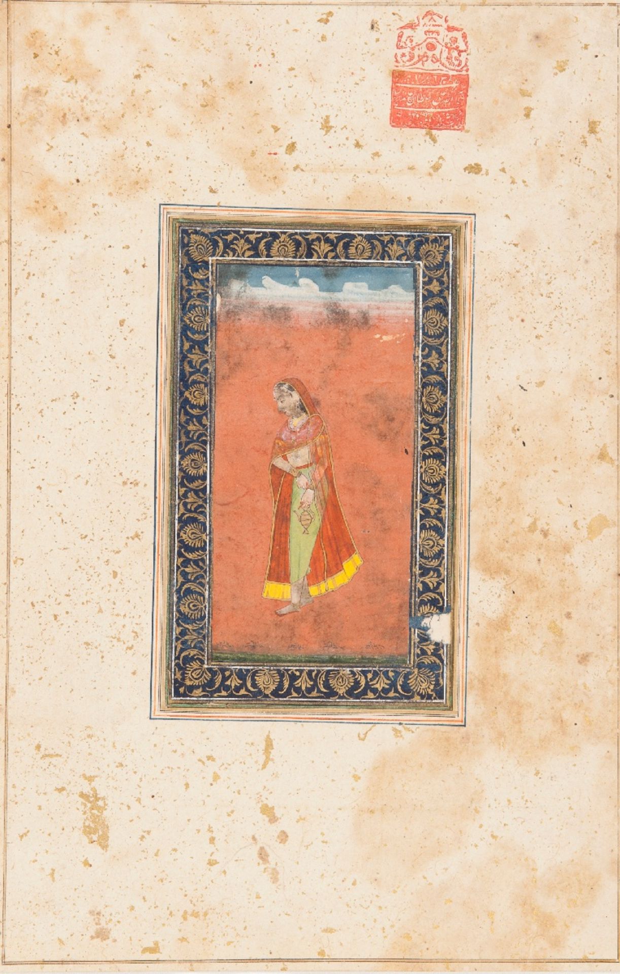 DAME MIT WASSERKÄNNCHEN
Malerei mit Farben und Gold auf Papier. Indien, 18./19. Jh.Sehr verhalten in