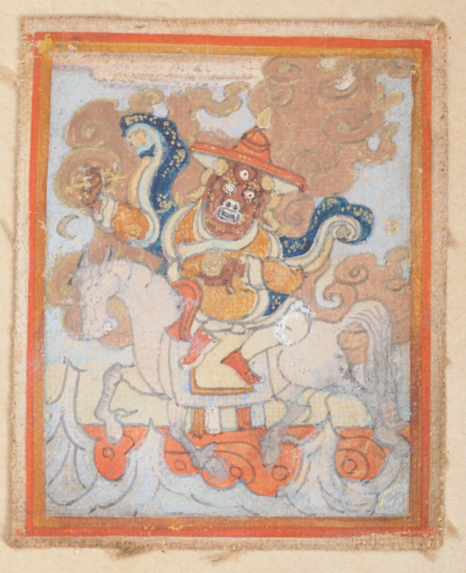 THANGKA-MINIATUR MIT VAJRASADHU
Farben auf Gewebe. Tibet, 19. bis frühes 20. Jh.Vajrasadhu,