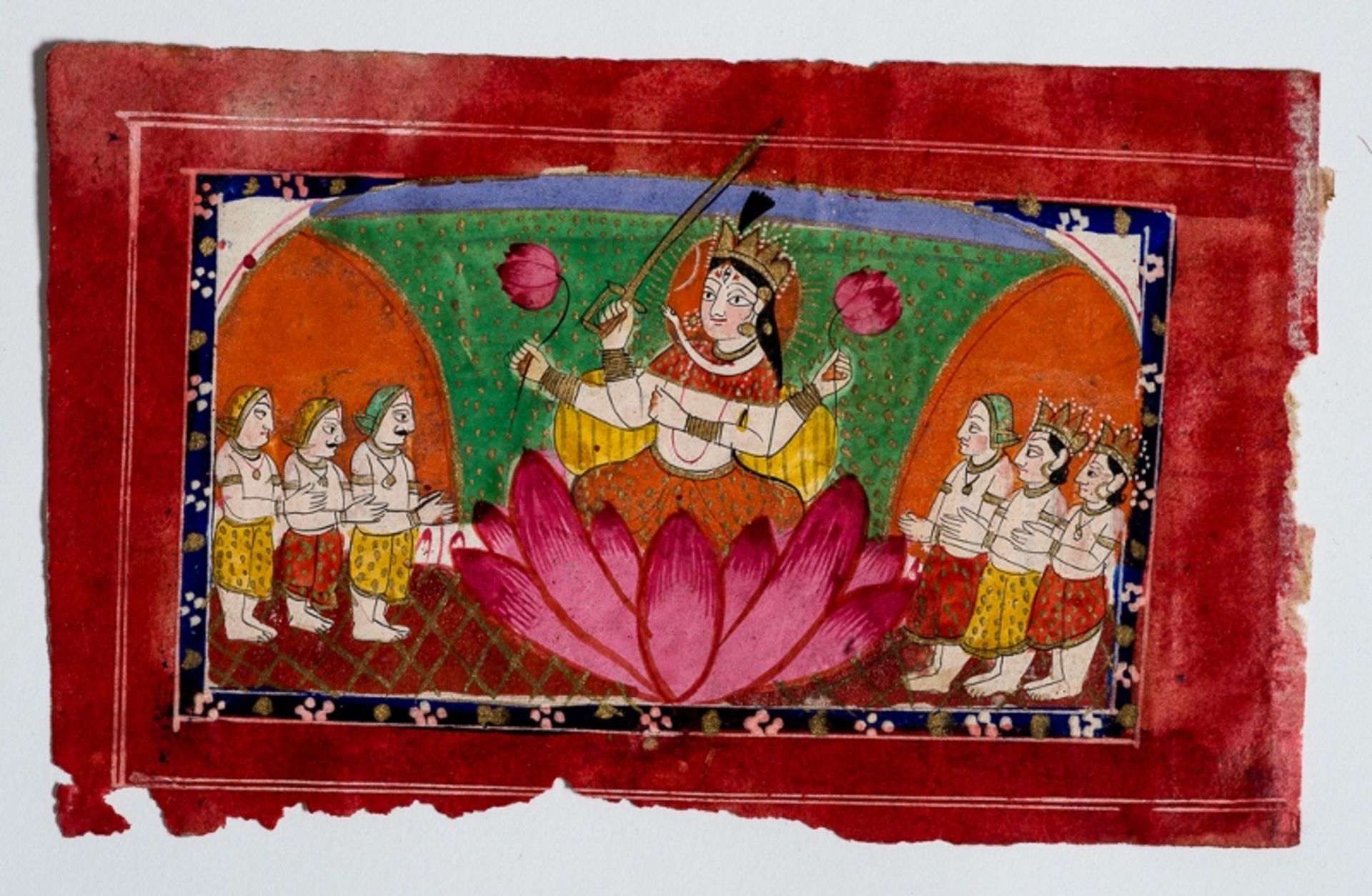 DIE GÖTTIN PARVATI AUF LOTUS
Miniaturmalerei mit Farben und Gold auf Papier. Nordwest-Indien,