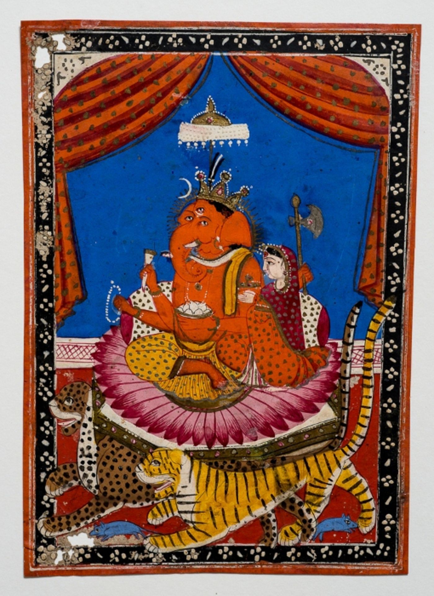 DER ELEFANTENKÖPFIGE GANESHA
Miniaturmalerei mit Farben und Gold auf Papier. Nordwest-Indien,