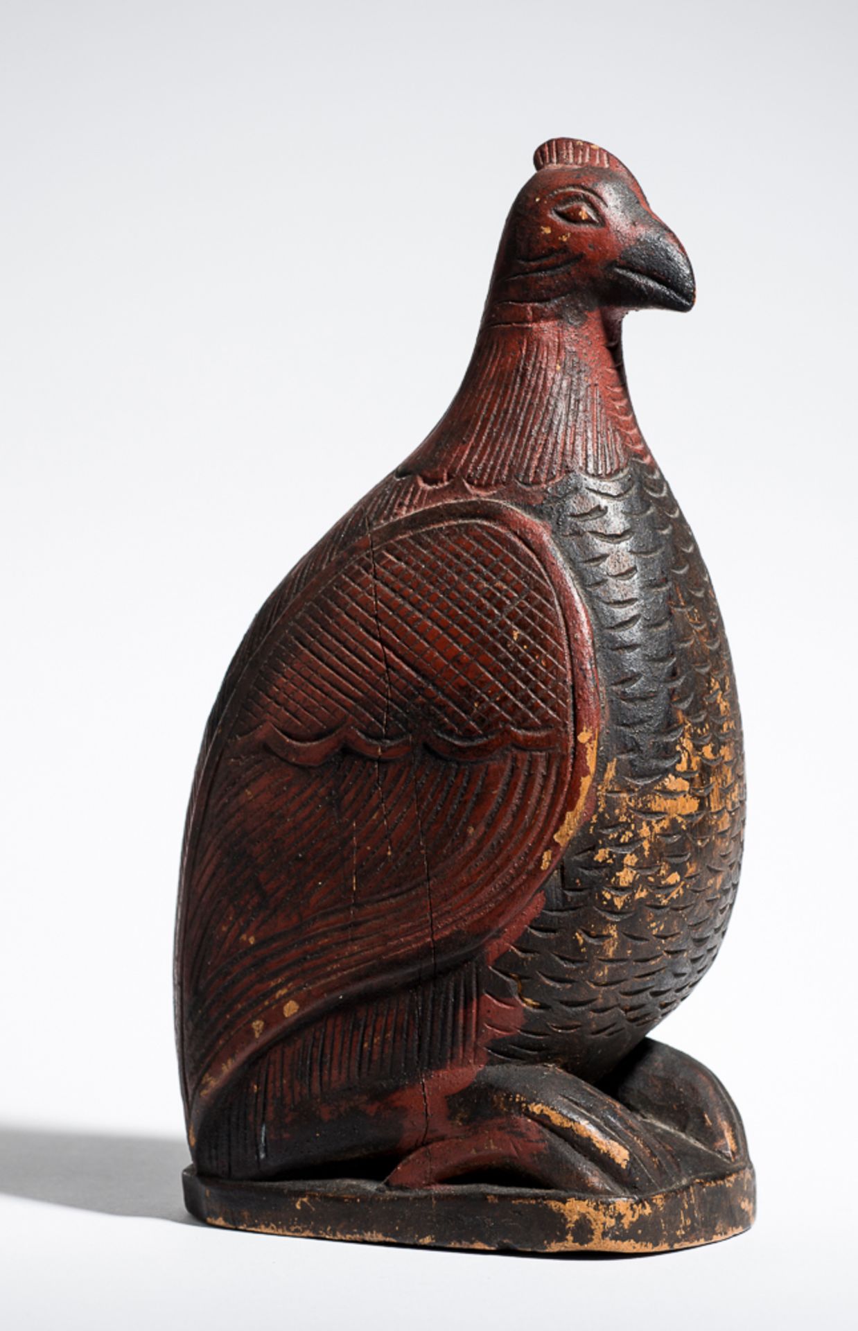 VOGEL (BEHÄLTER)
Holz mit Bemalung. SüdostasienVollplastischer Vogel auf Basis, großes, dekorativ