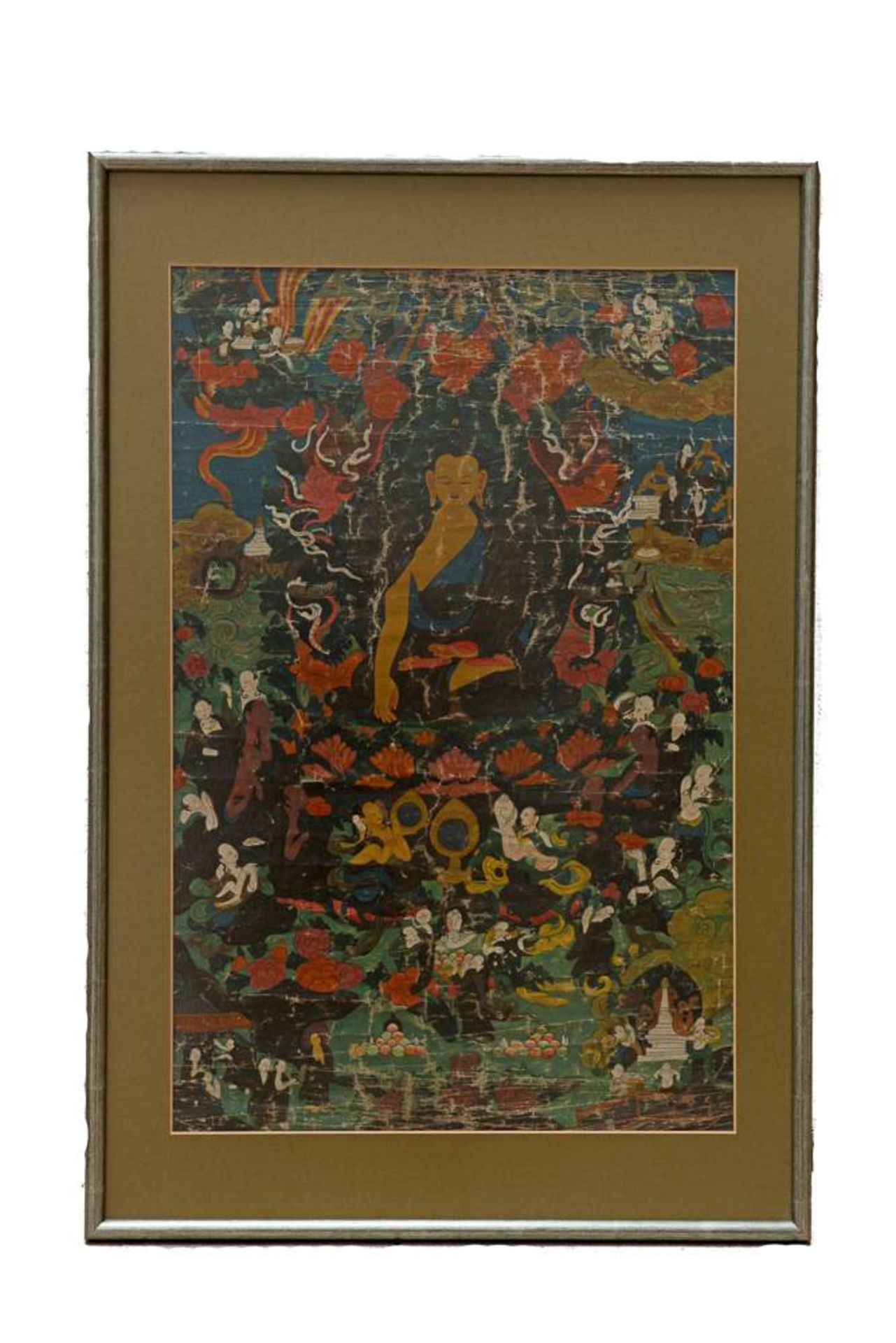 BUDDHA SHAKYAMUNI ALS ORDENSOBERHAUPT
Thangka-Malerei auf Gewebe. Tibet, 19. Jh.Dicht