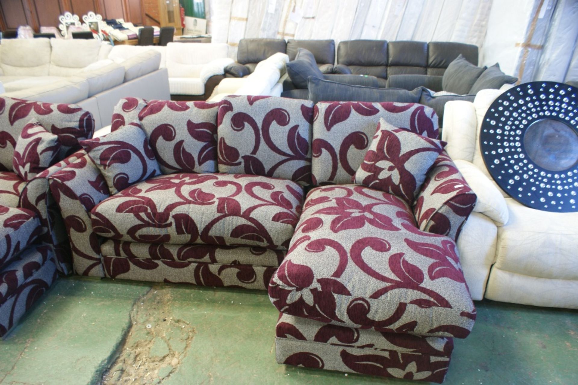 GREY AND BURGUNDY 3 SEATER CHAISE