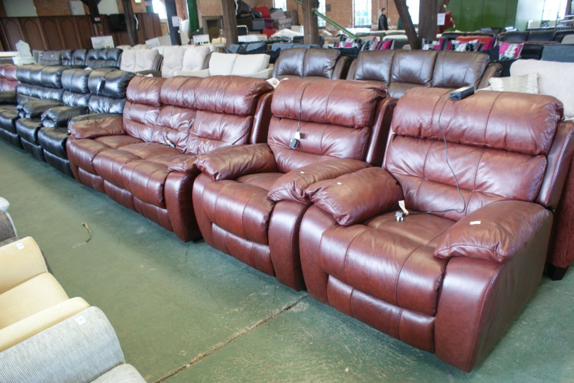 CONKER HIDE ELECTRIC RECLINING 3 SEATER SOFA AND 2 CHAIRS (7) (LEATHER COMING OFF)