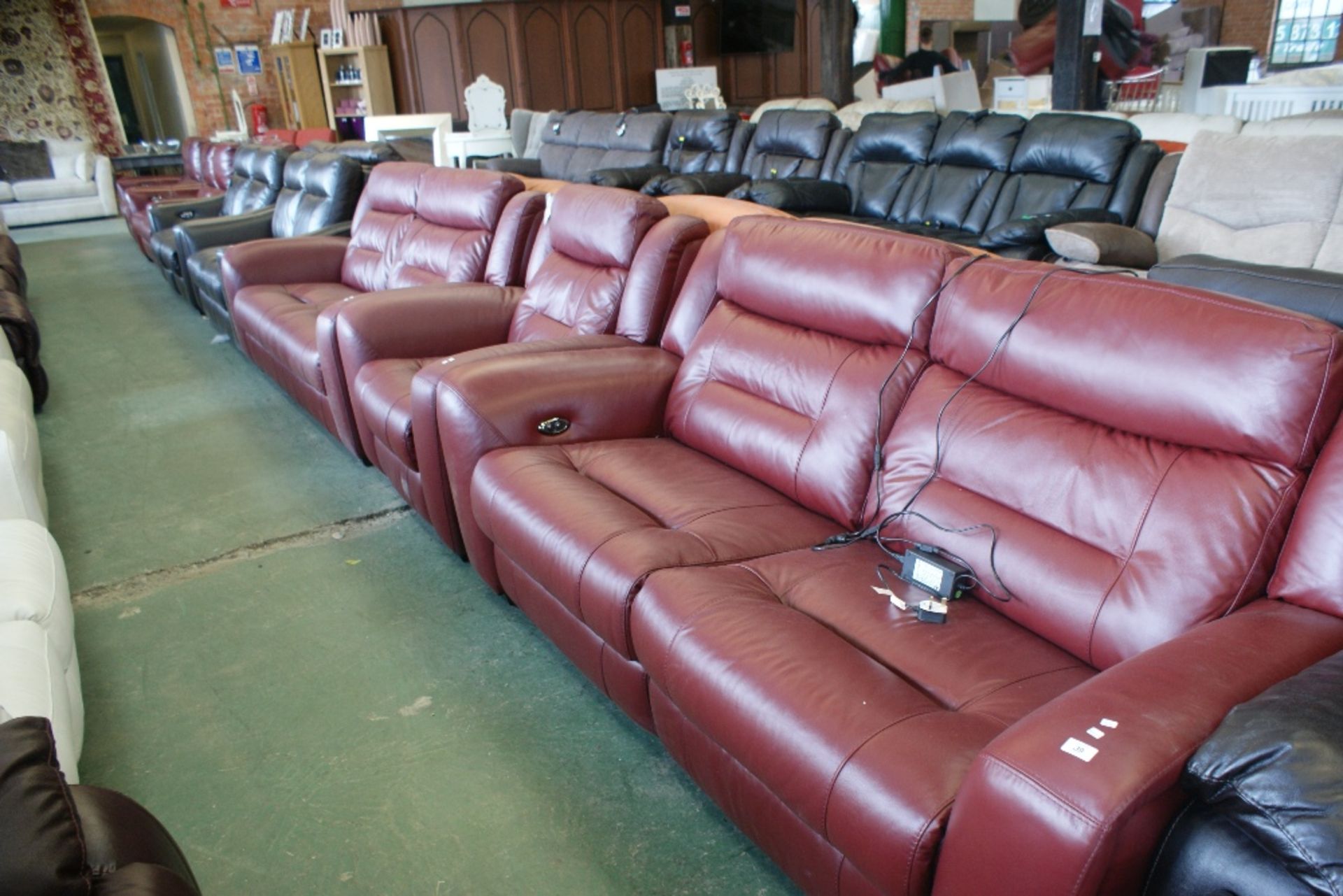 BURGUNDY HIDE ELECTRIC RECLINING 3 SEATER SOFA, FIXED 3 SEATER SOFA AND MANUAL RECLINING CHAIR (8)
