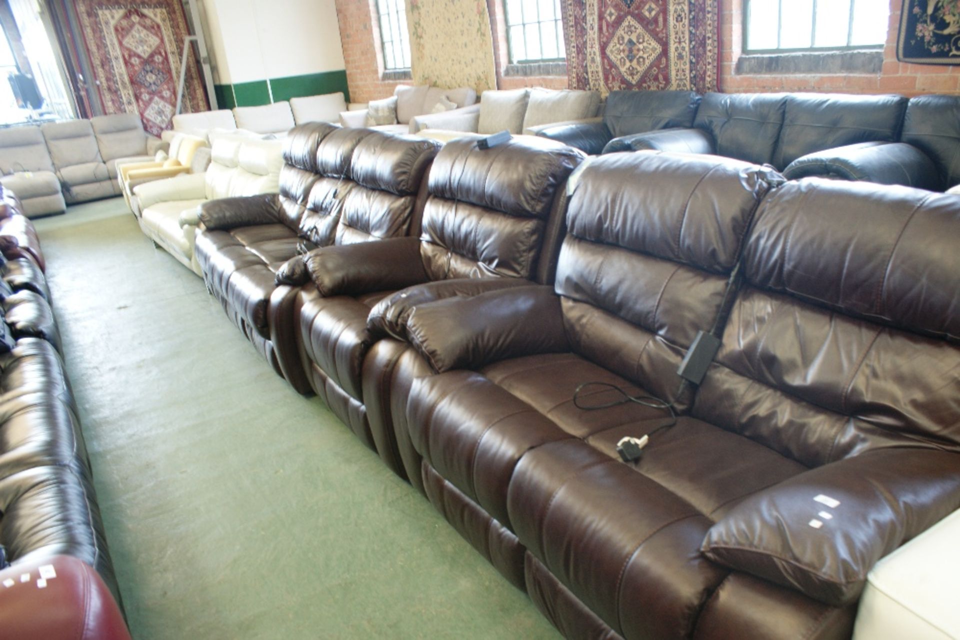 BROWN LEATHER ELECTRIC RECLINING 3 SEATER SOFA, 2 SEATER SOFA AND CHAIR (7)