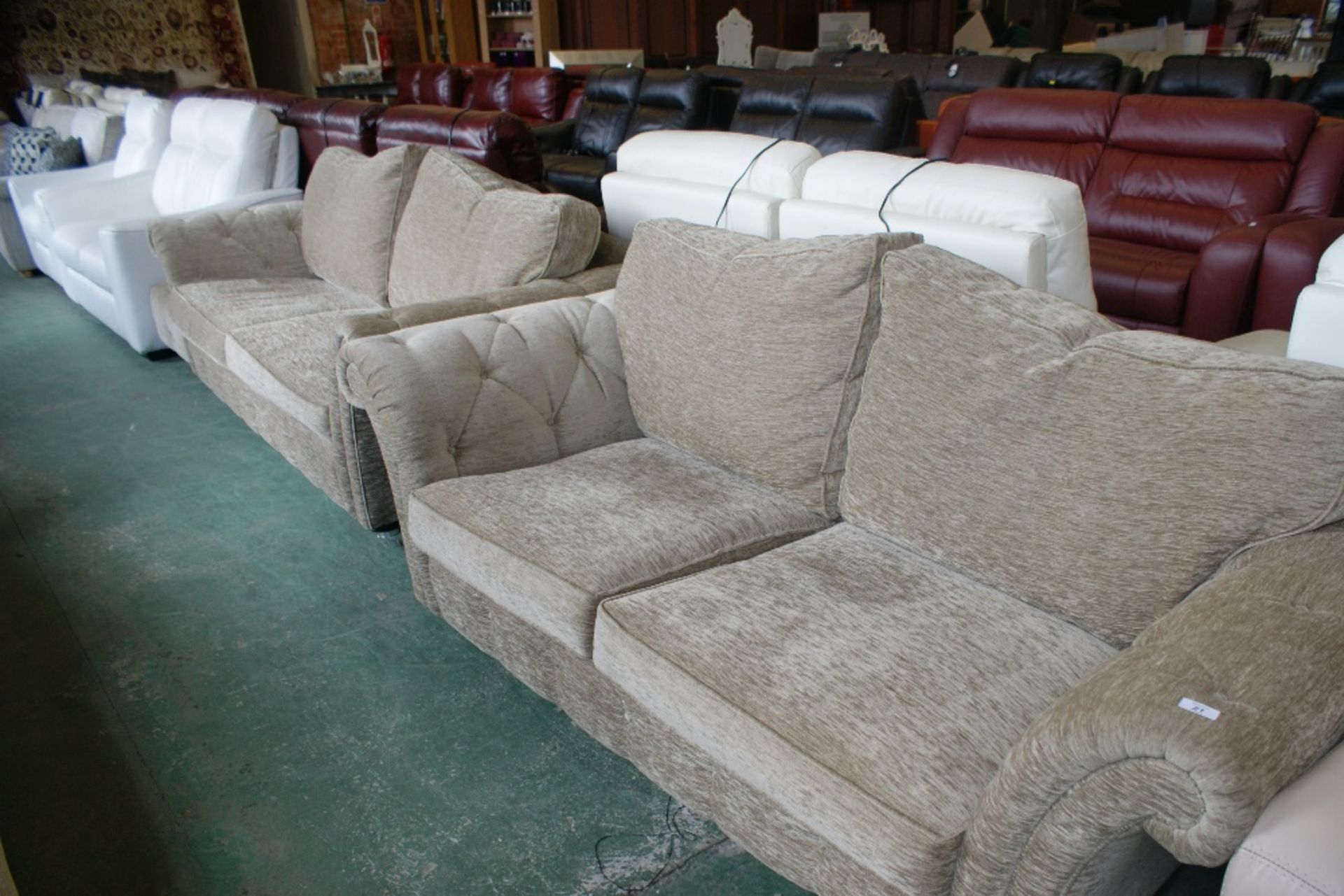 ELLIOT BEIGE BUTTON 3 SEATER SOFA, 2 SEATER SOFA AND FOOT STOOL