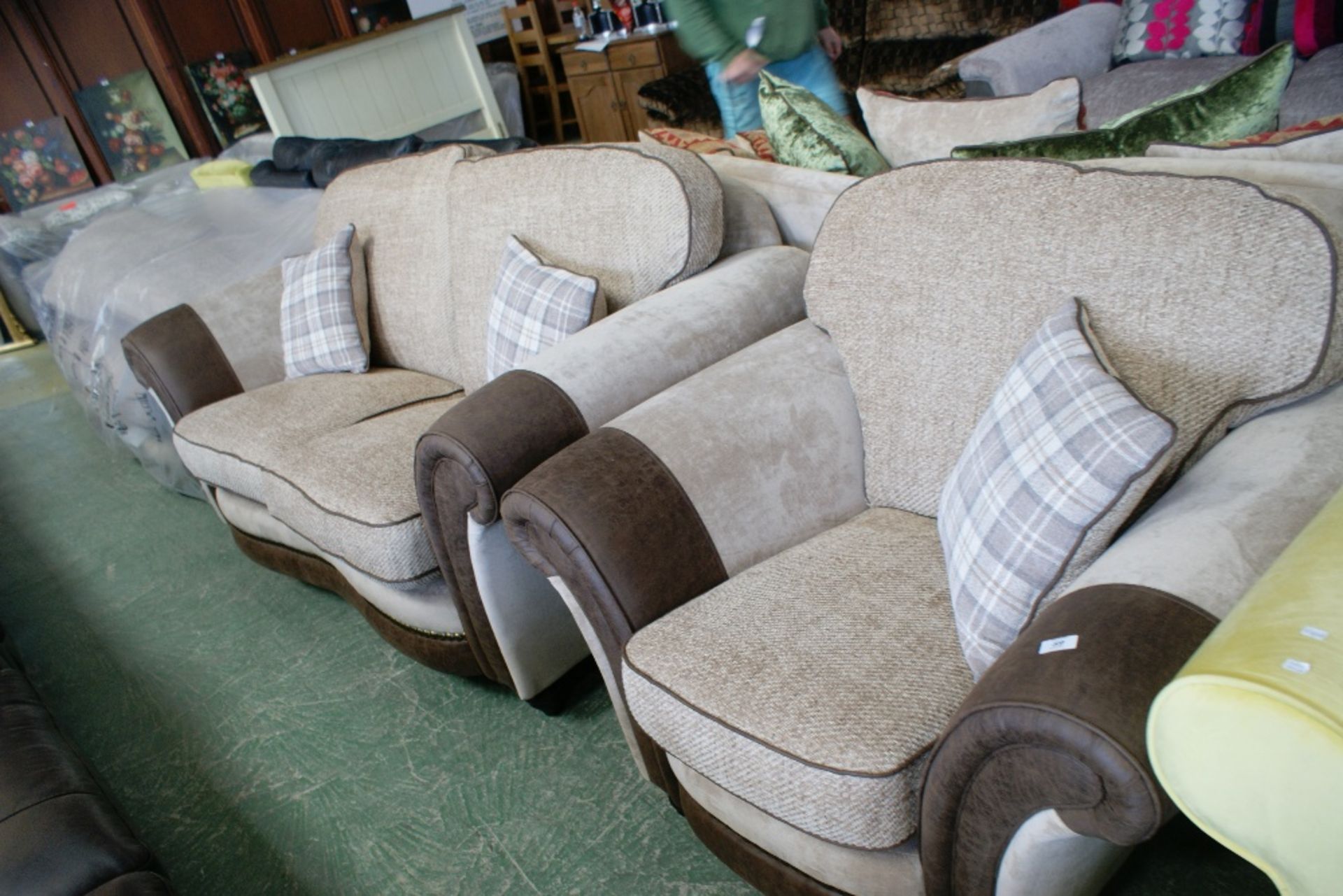BEIGE AND BROWN 3 SEATER SOFA AND 2 SEATER AND CHAIR (4297/26)