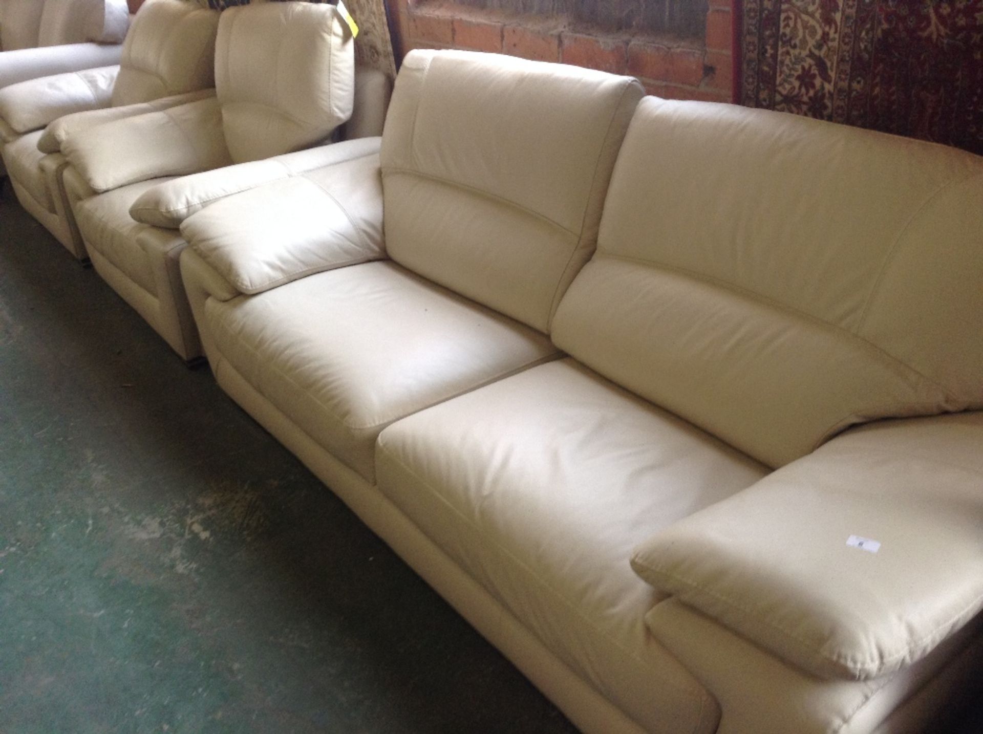 CREAM LEATHER 3 SEATER SOFA AND 2 CHAIRS