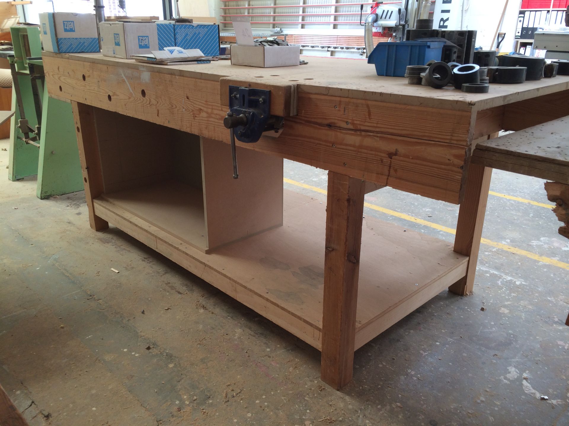 Fabricated Workbench with Record 52 Vice, 2400mm x 900mm (contents not included)