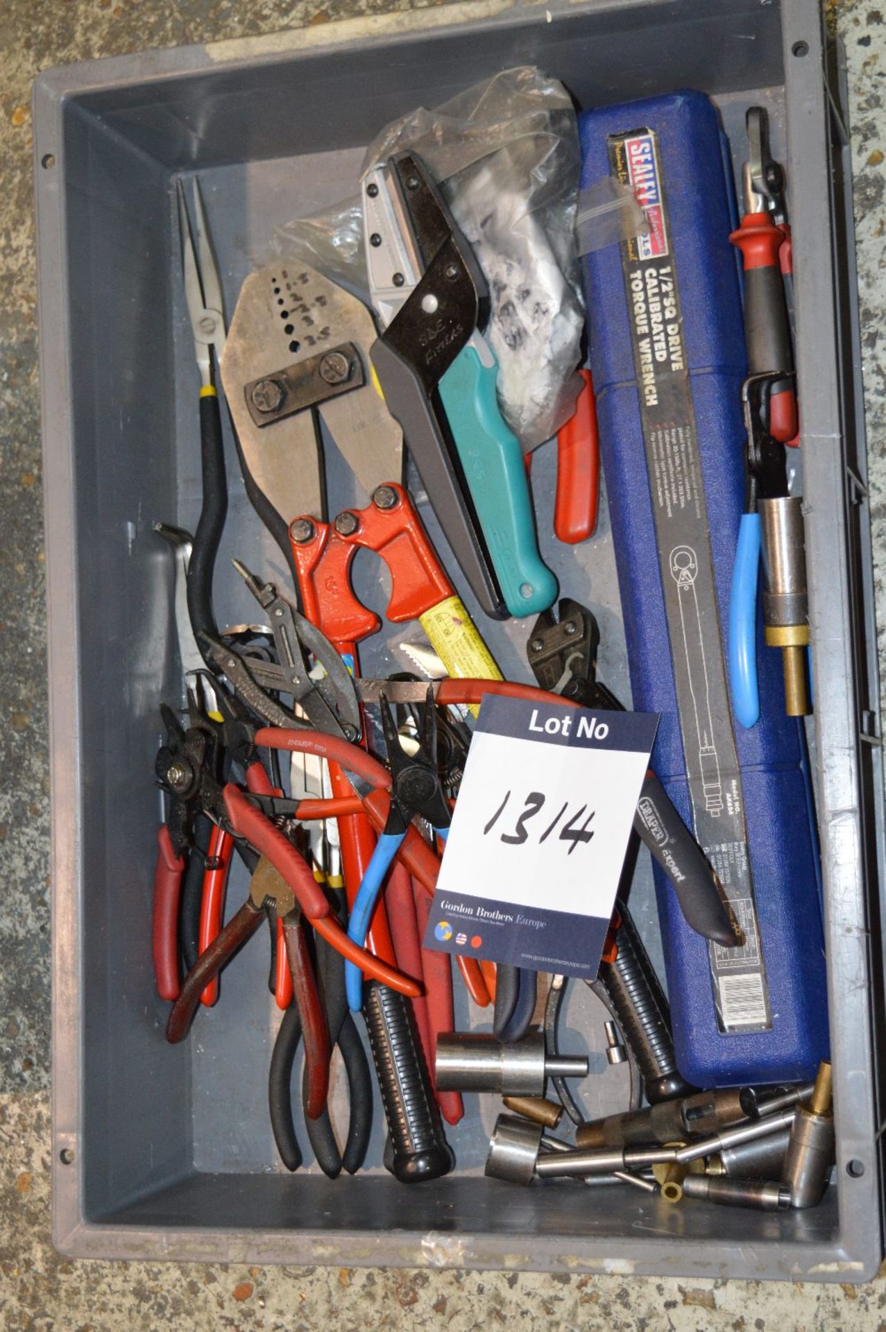 Miscellaneous Lot comprising Various Long Nose Pliers, Wire Strippers, Hole Punches, 1/2" Torque