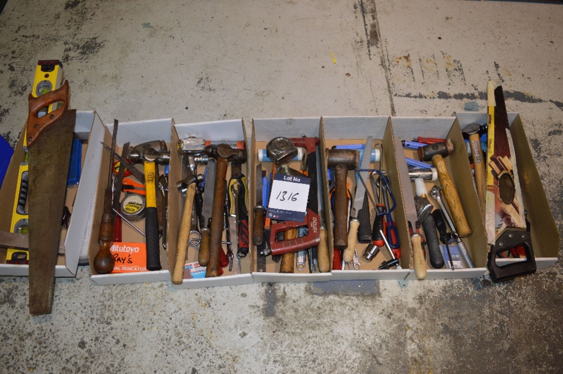 Seven Boxes of Various Hammers, Chisels, Tape Measures, Screw Drivers, Saws etc. as lotted