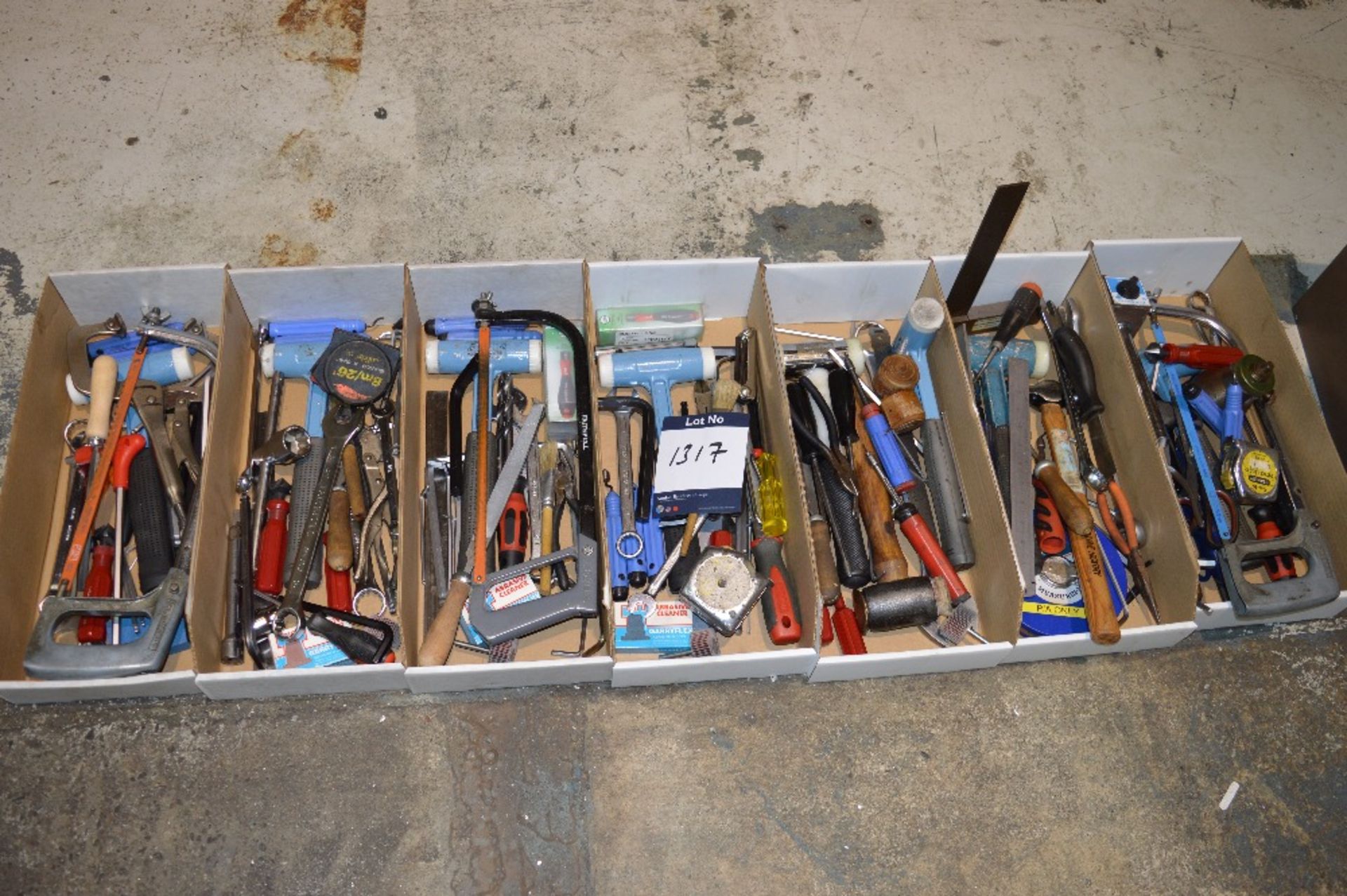 Seven Boxes of Various Hammers, Chisels, Tape Measures, Screw Drivers, Saws etc. as lotted