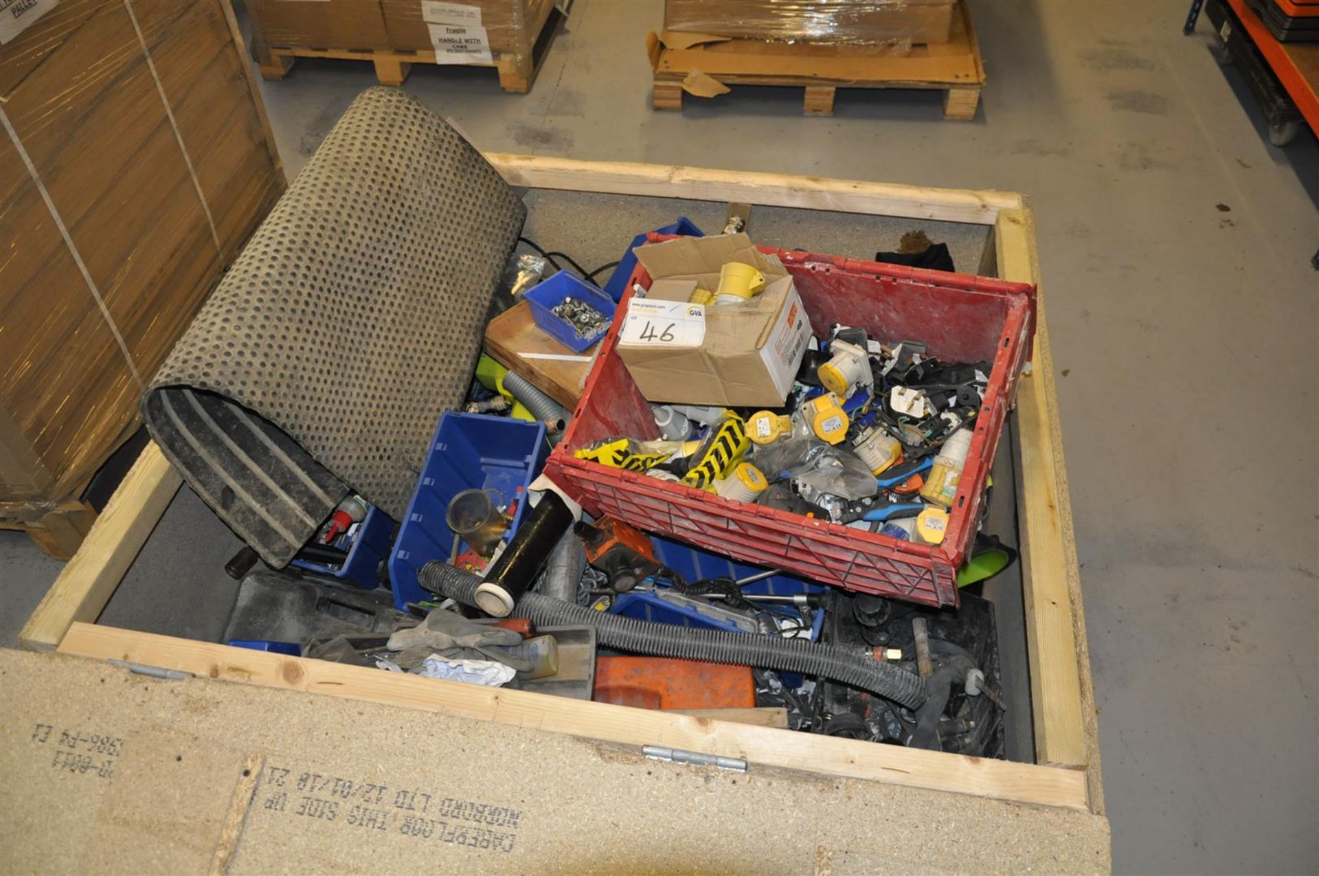 Wooden box containing assorted industrial hardware items & various tools , (This lot is located at