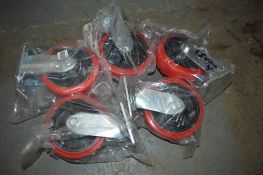 5 - 6 inch fixed/unbraked red castor wheels New & unused